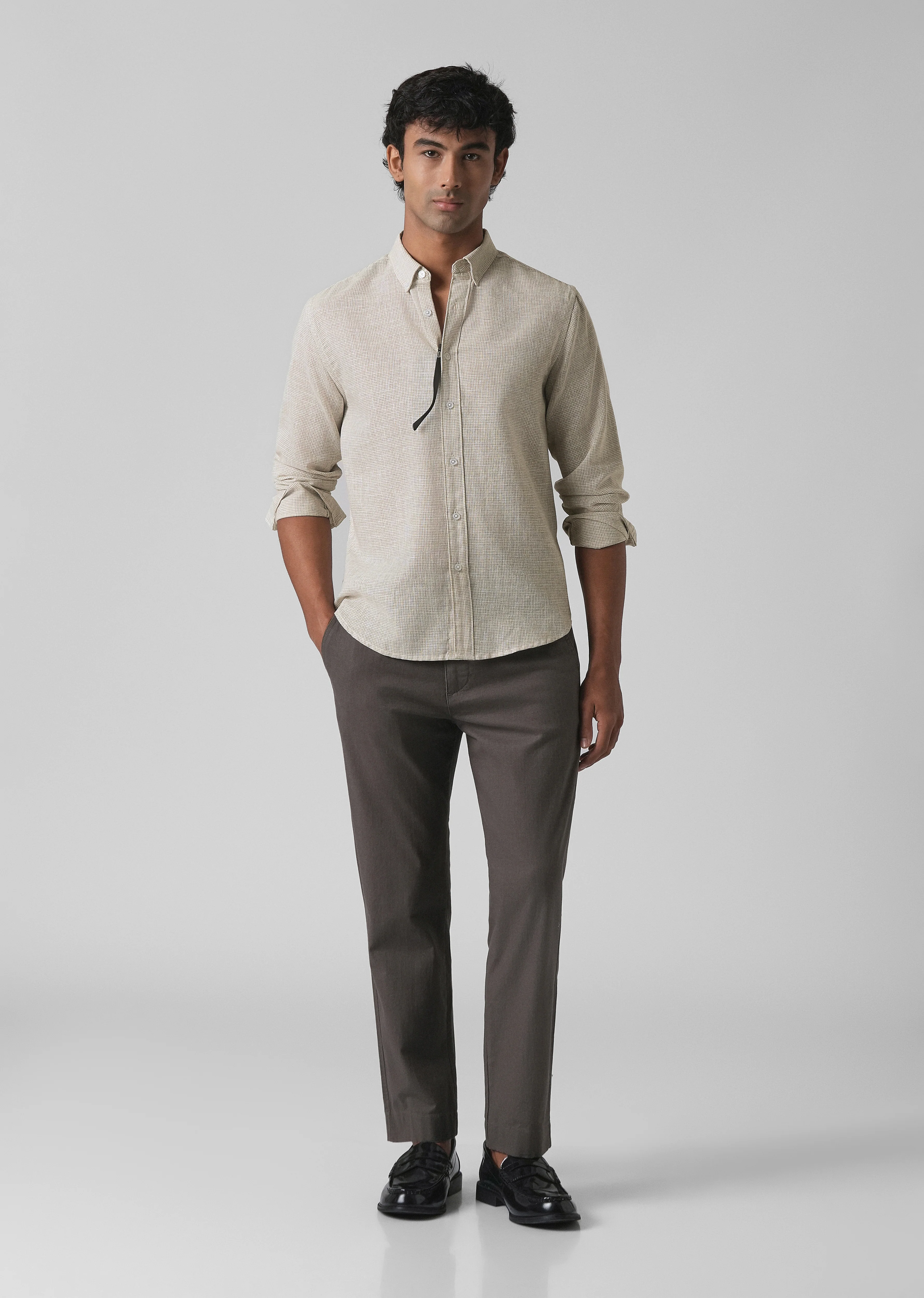 Beige Micro Checks Blended Cotton Shirt - Image 6