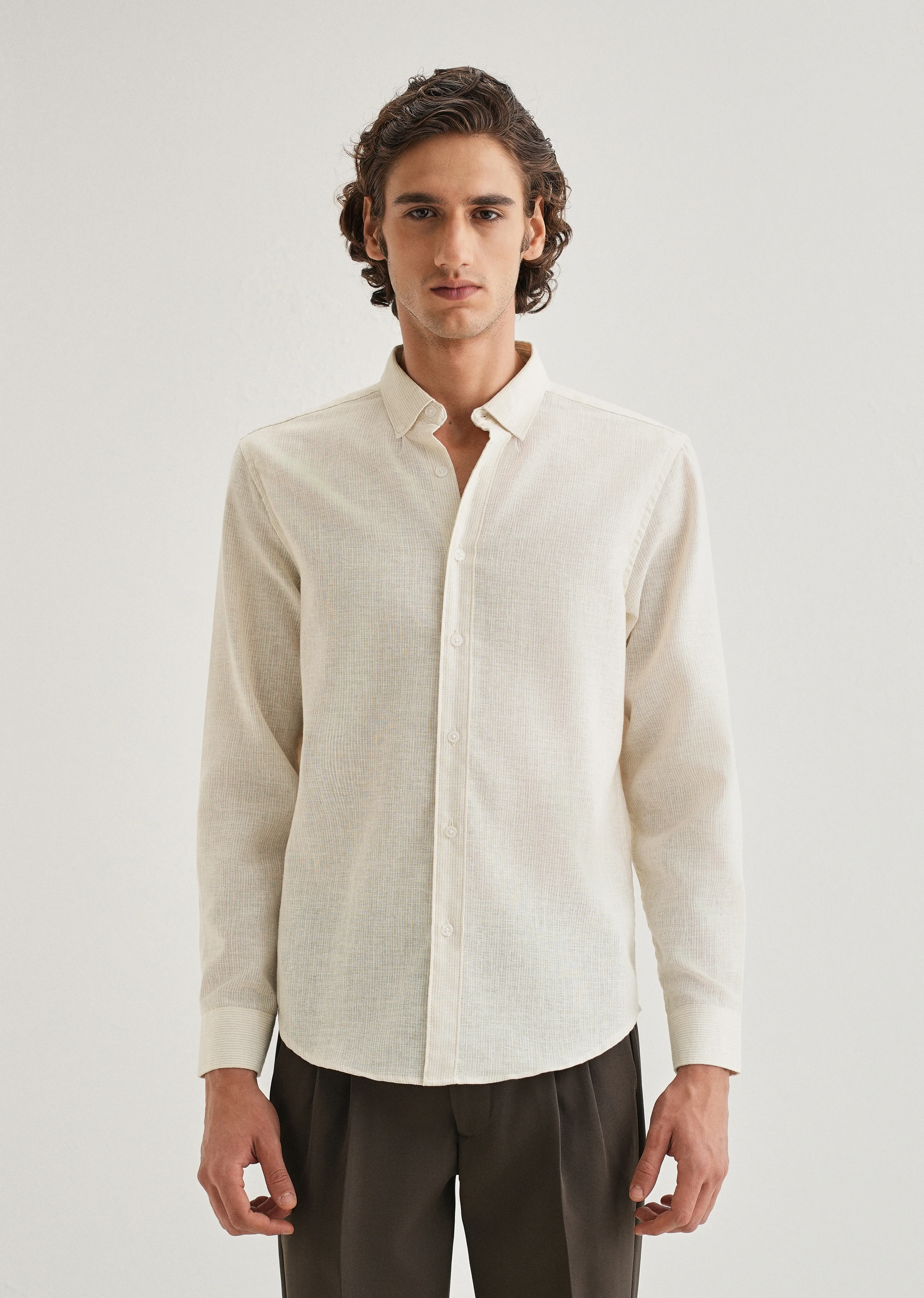 Beige Micro Striped Blended Linen Shirt - Image 4