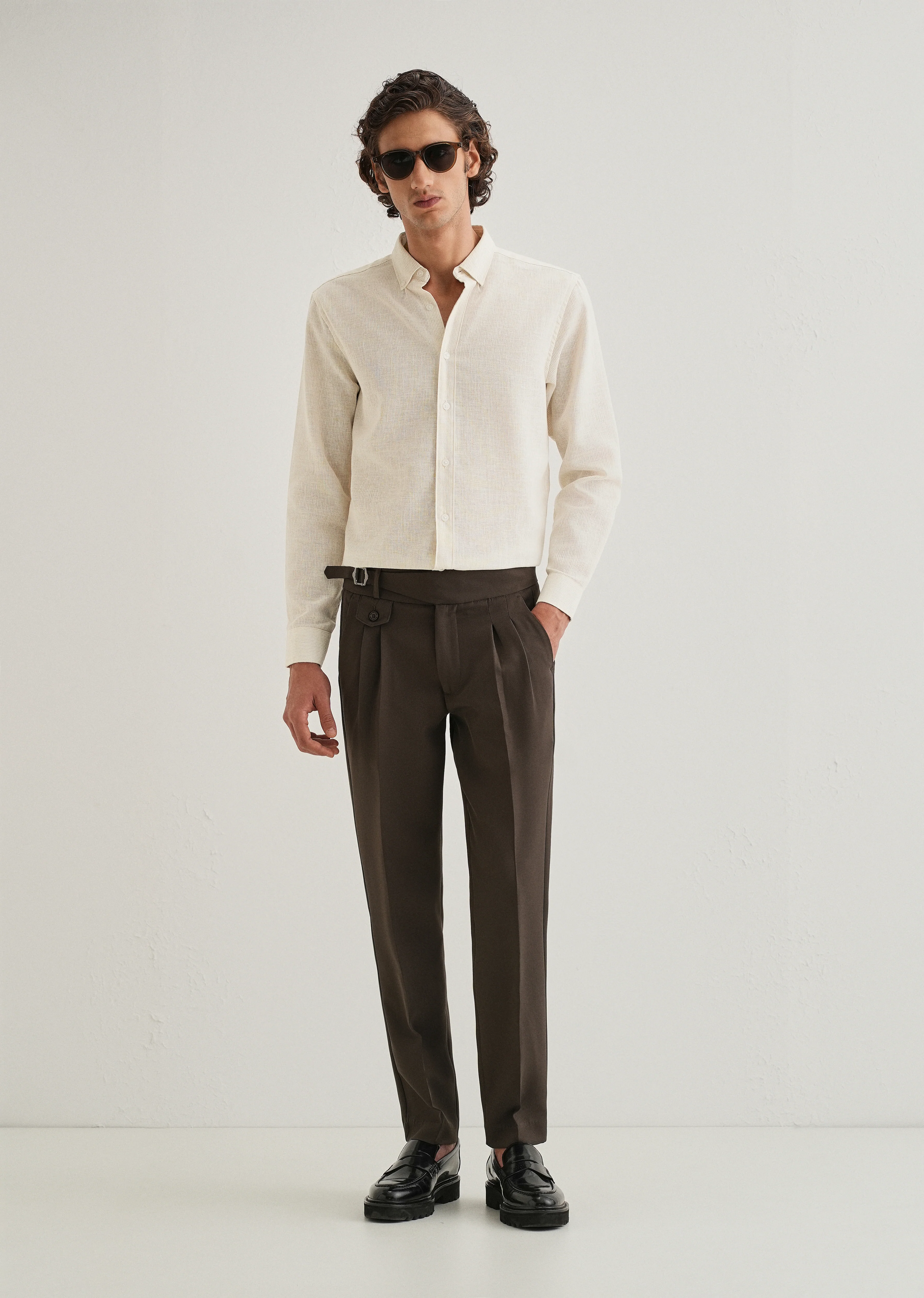 Beige Micro Striped Blended Linen Shirt - Image 6