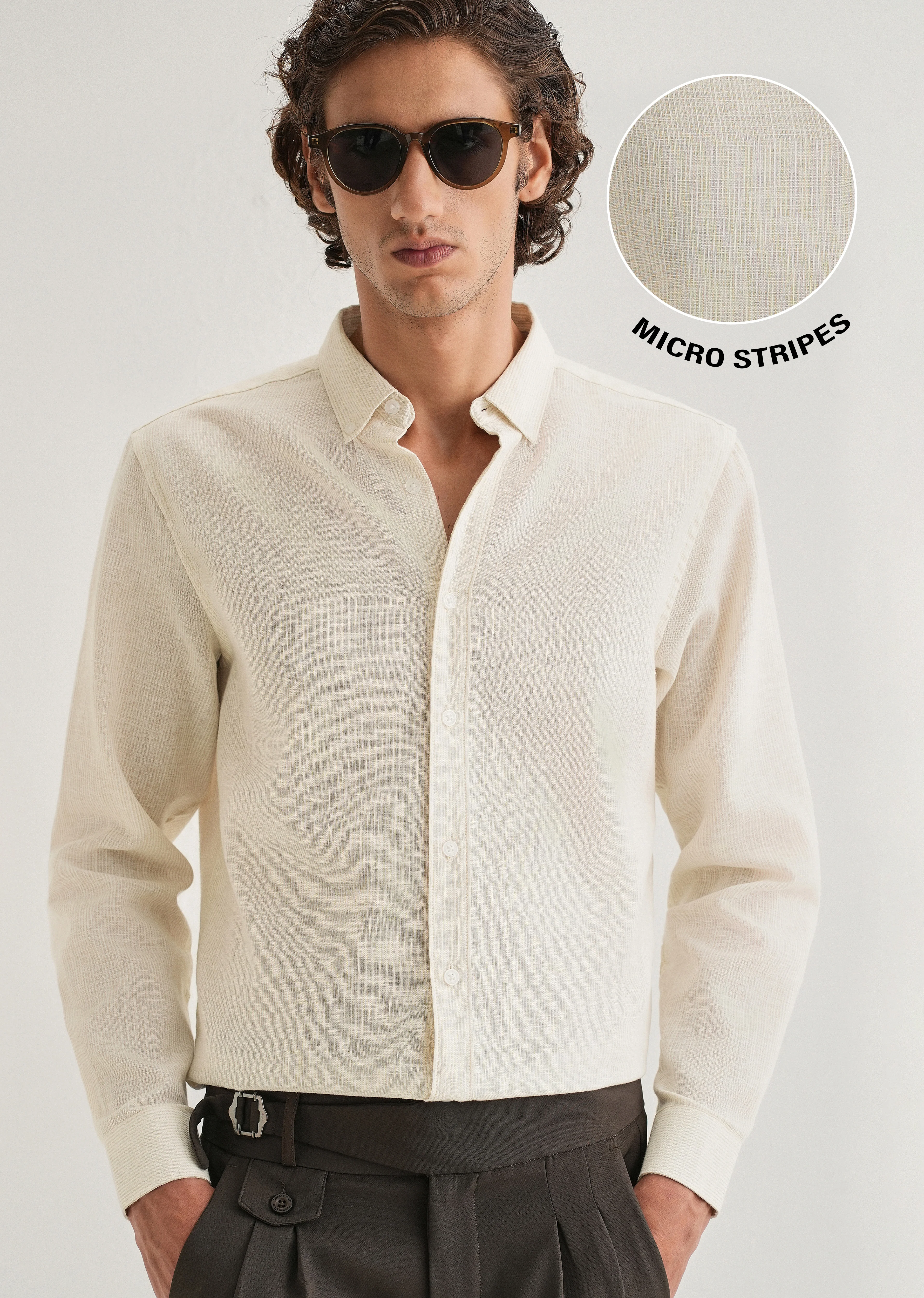 Beige Micro Striped Blended Linen Shirt - Image 7