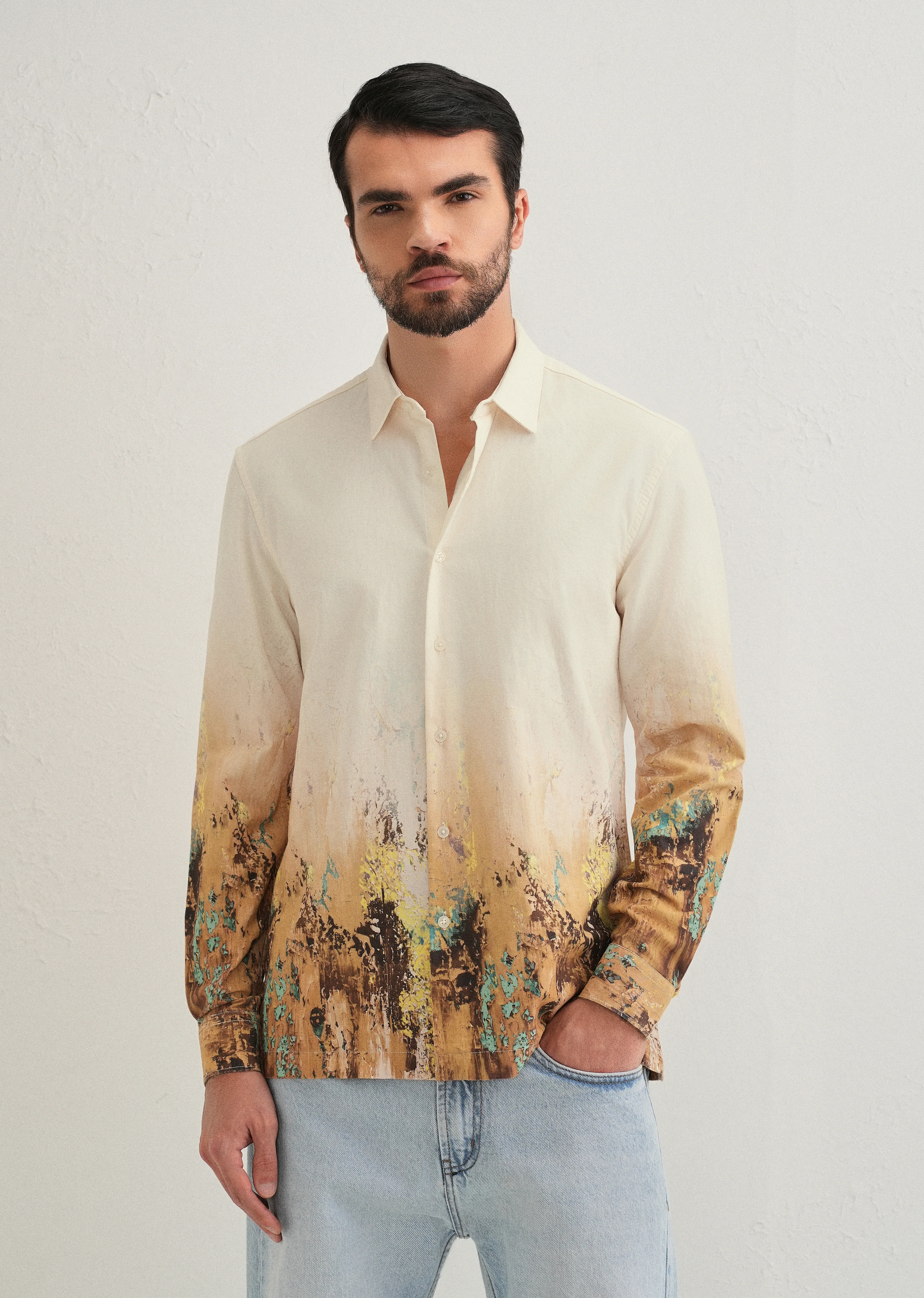 Beige Mustard Paint Printed Shirt - Image 3