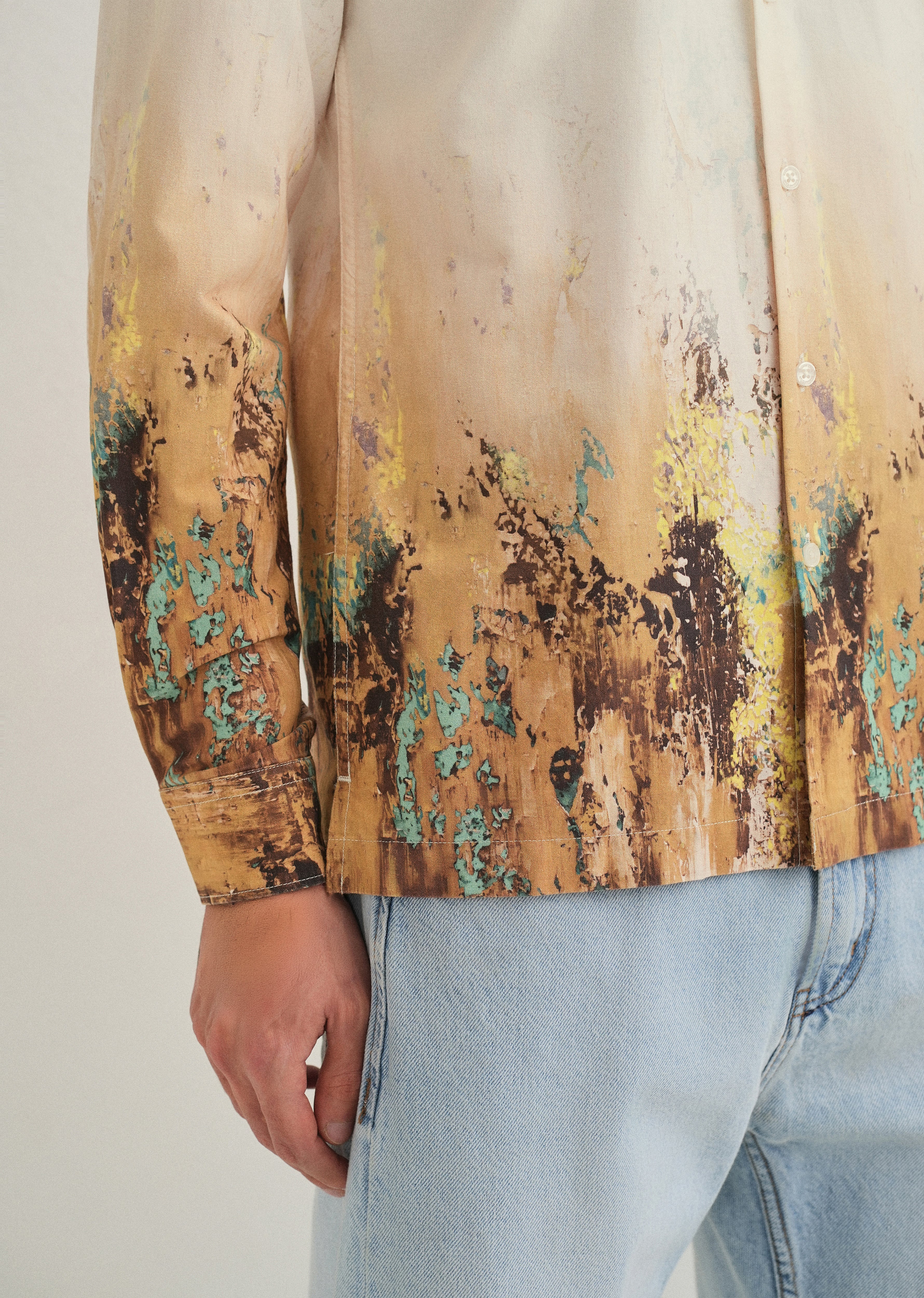 Beige Mustard Paint Printed Shirt - Image 5