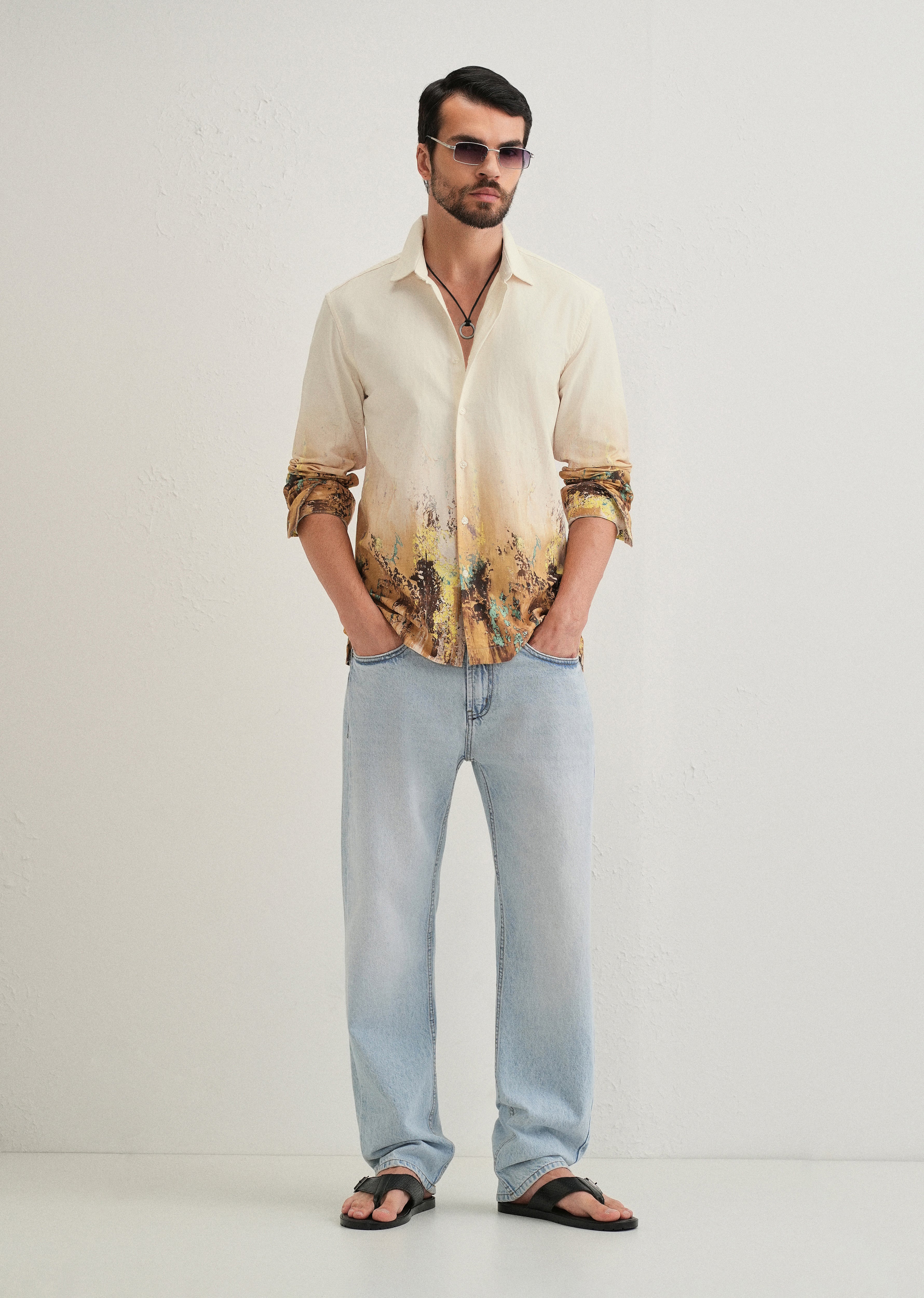 Beige Mustard Paint Printed Shirt - Image 6