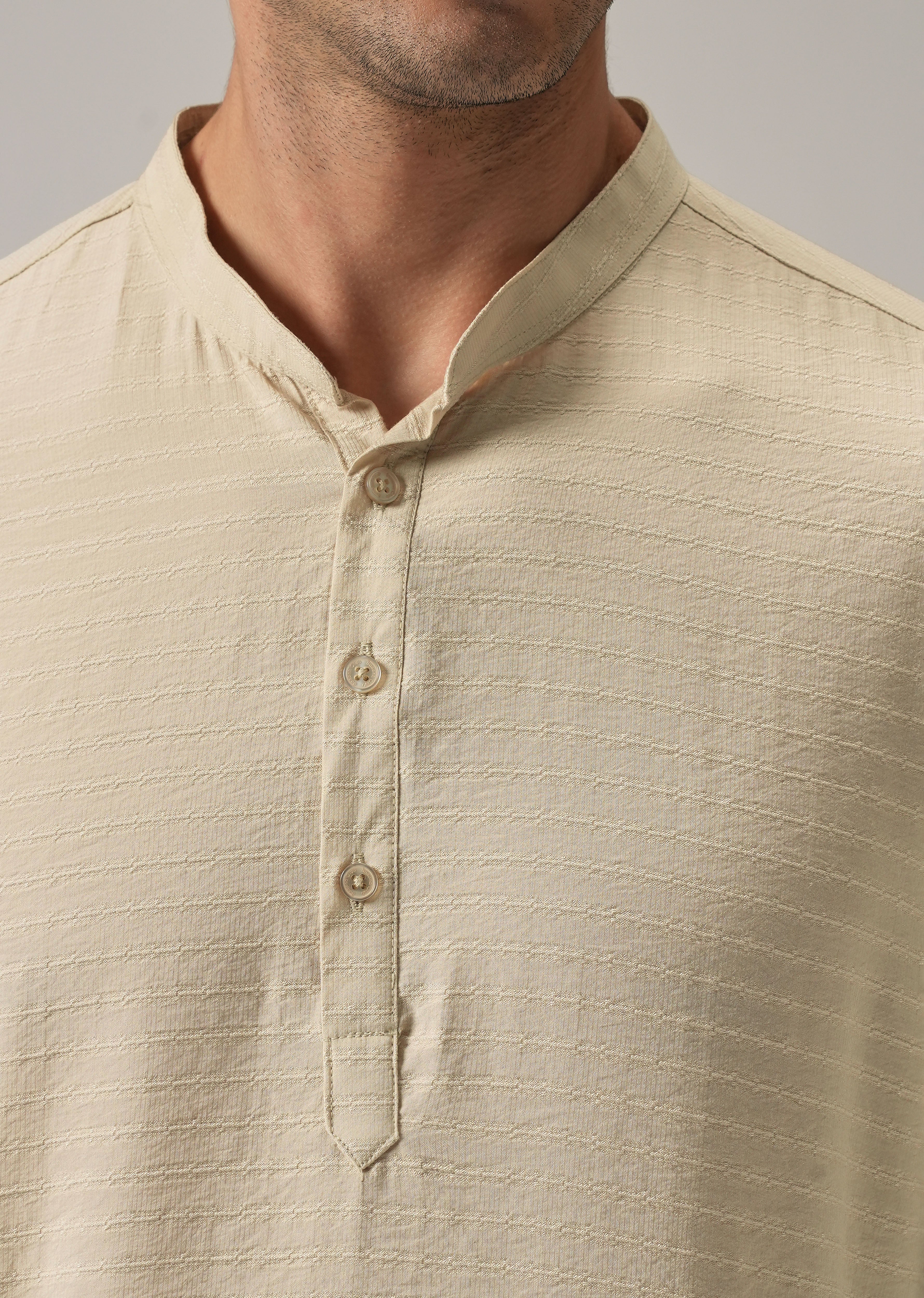 Beige Nylon Self Stripe Kurta - Image 5