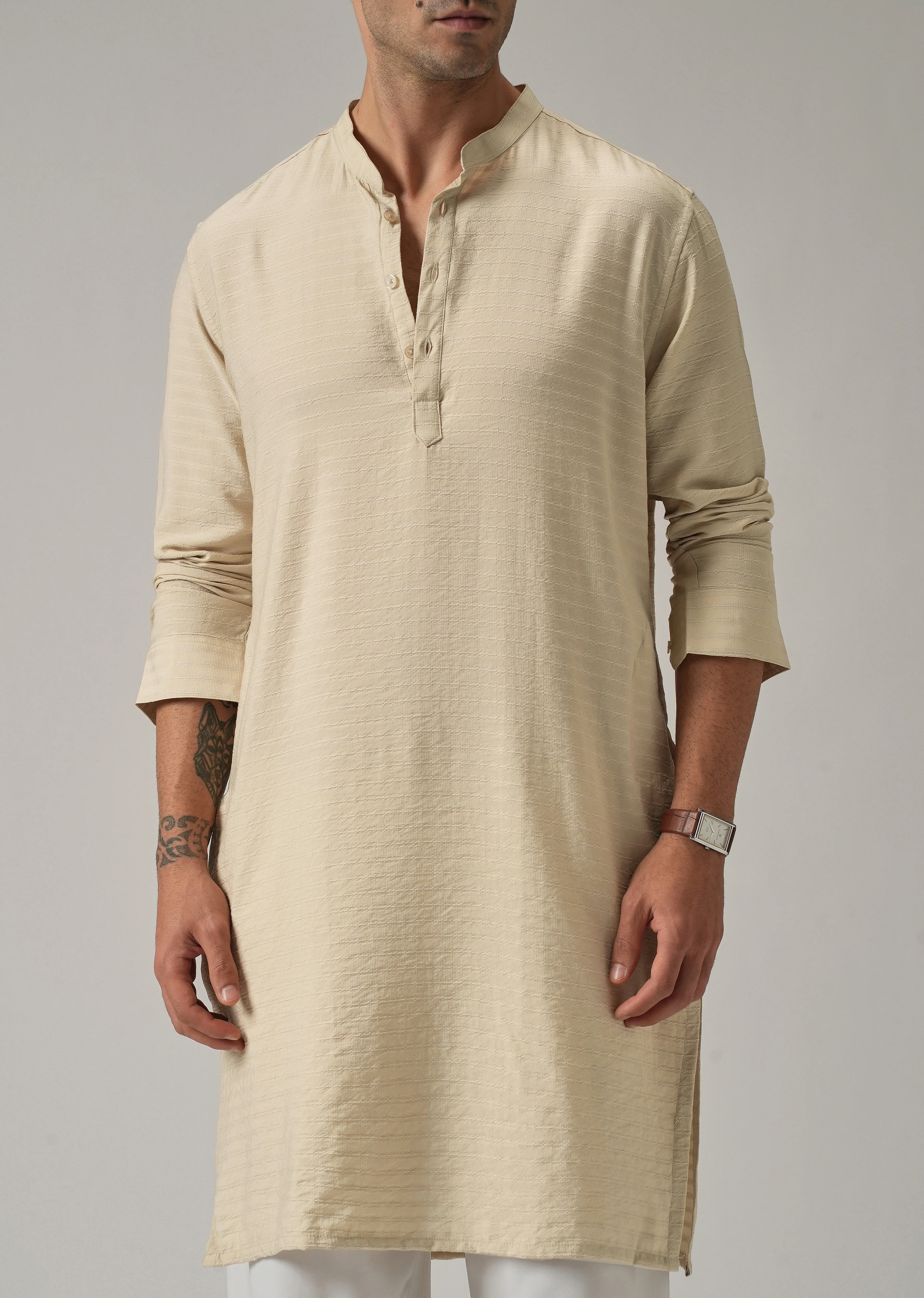 Beige Nylon Self Stripe Kurta - Image 7