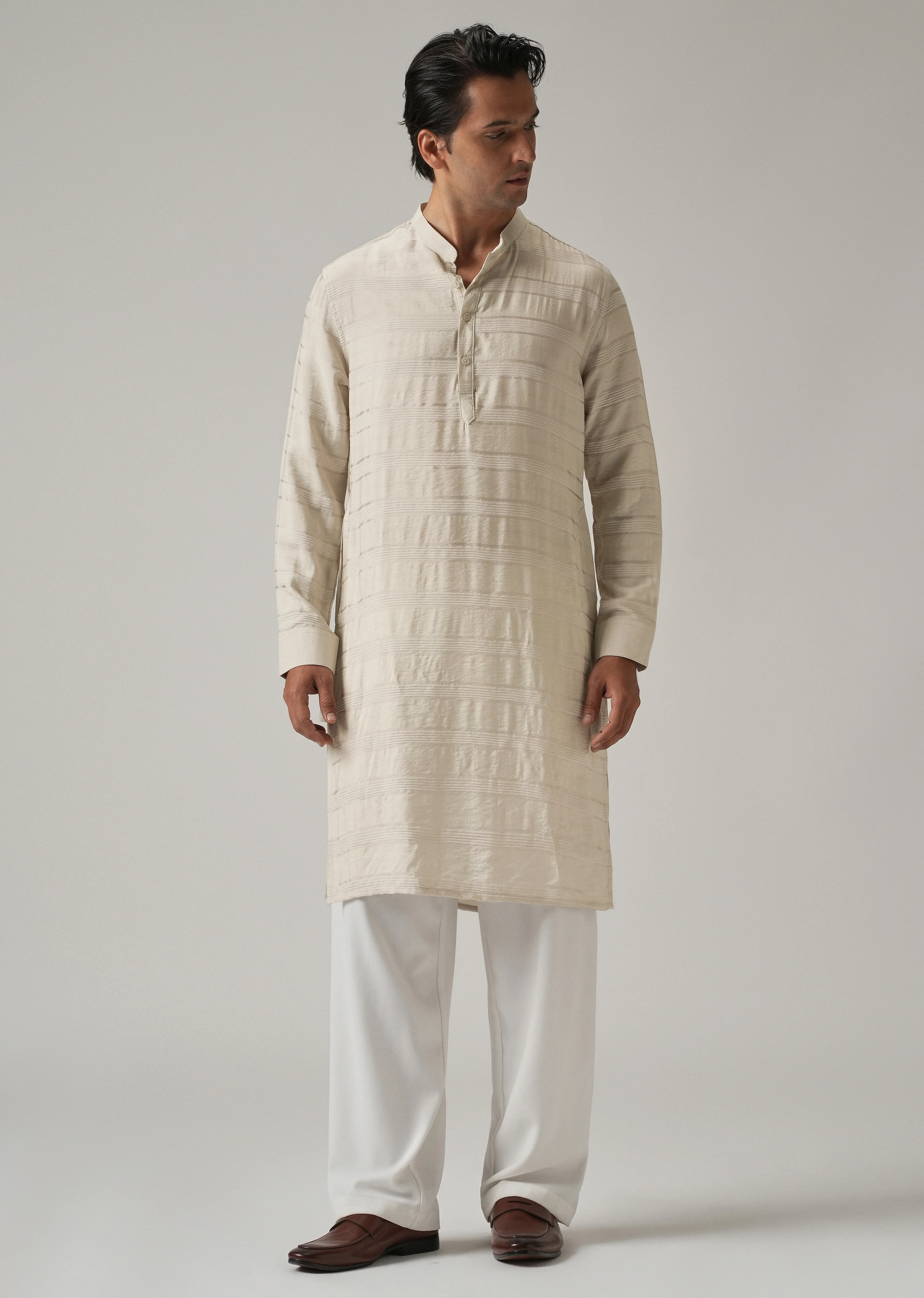 Beige Nylon Subtle Stripe Kurta - Image 3