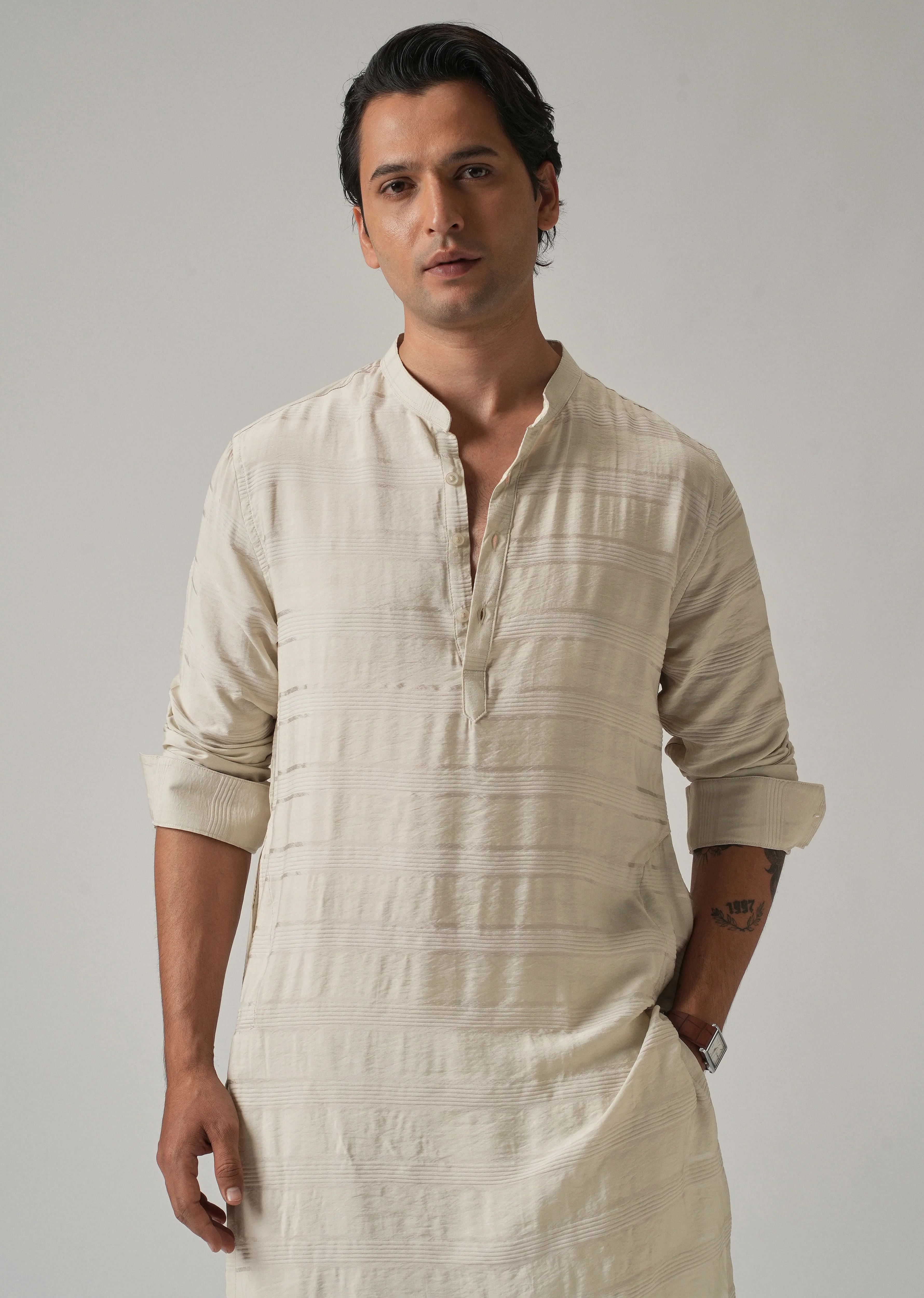 Beige Nylon Subtle Stripe Kurta - Image 6