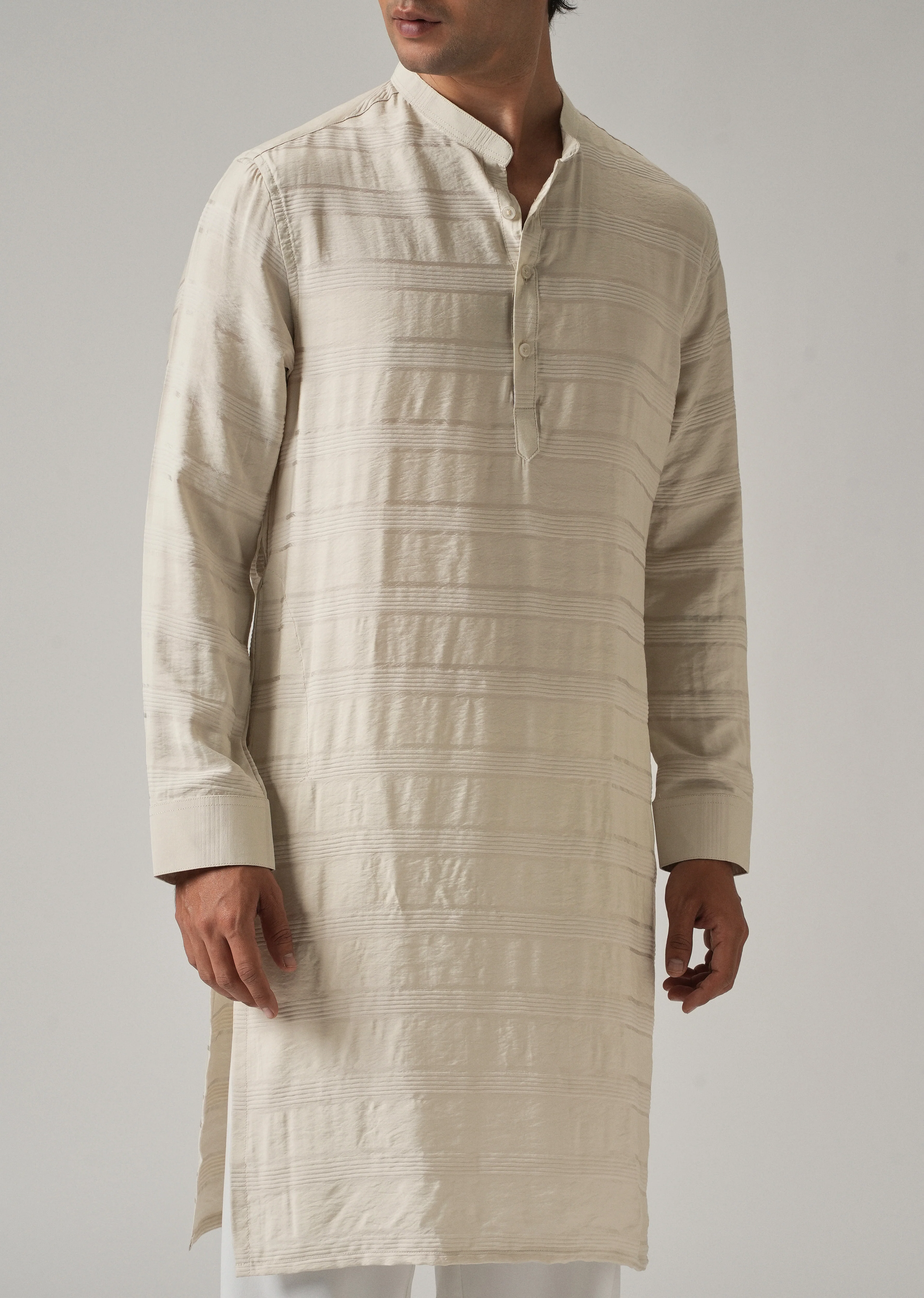 Beige Nylon Subtle Stripe Kurta - Image 7