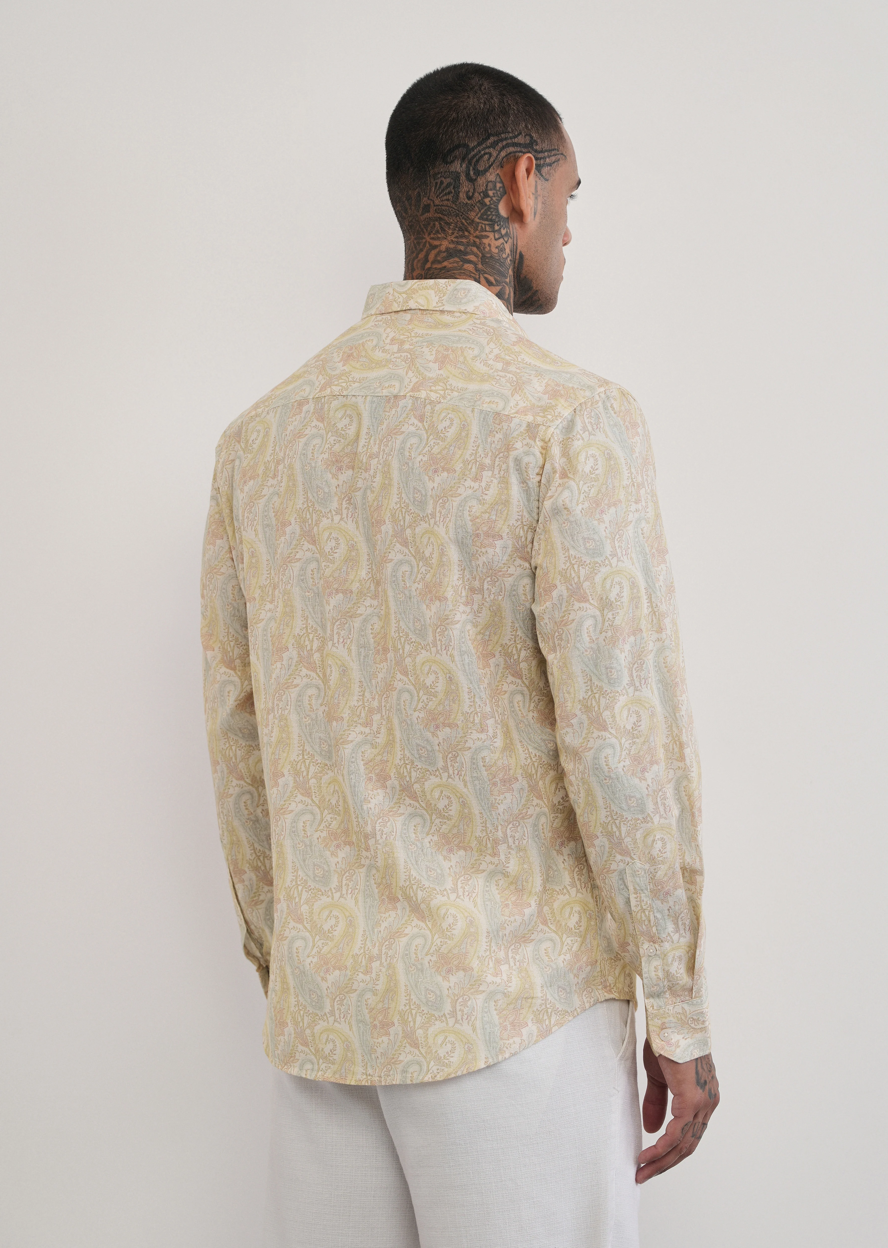 Beige Paisley Print Cotton Linen Shirt - Image 2