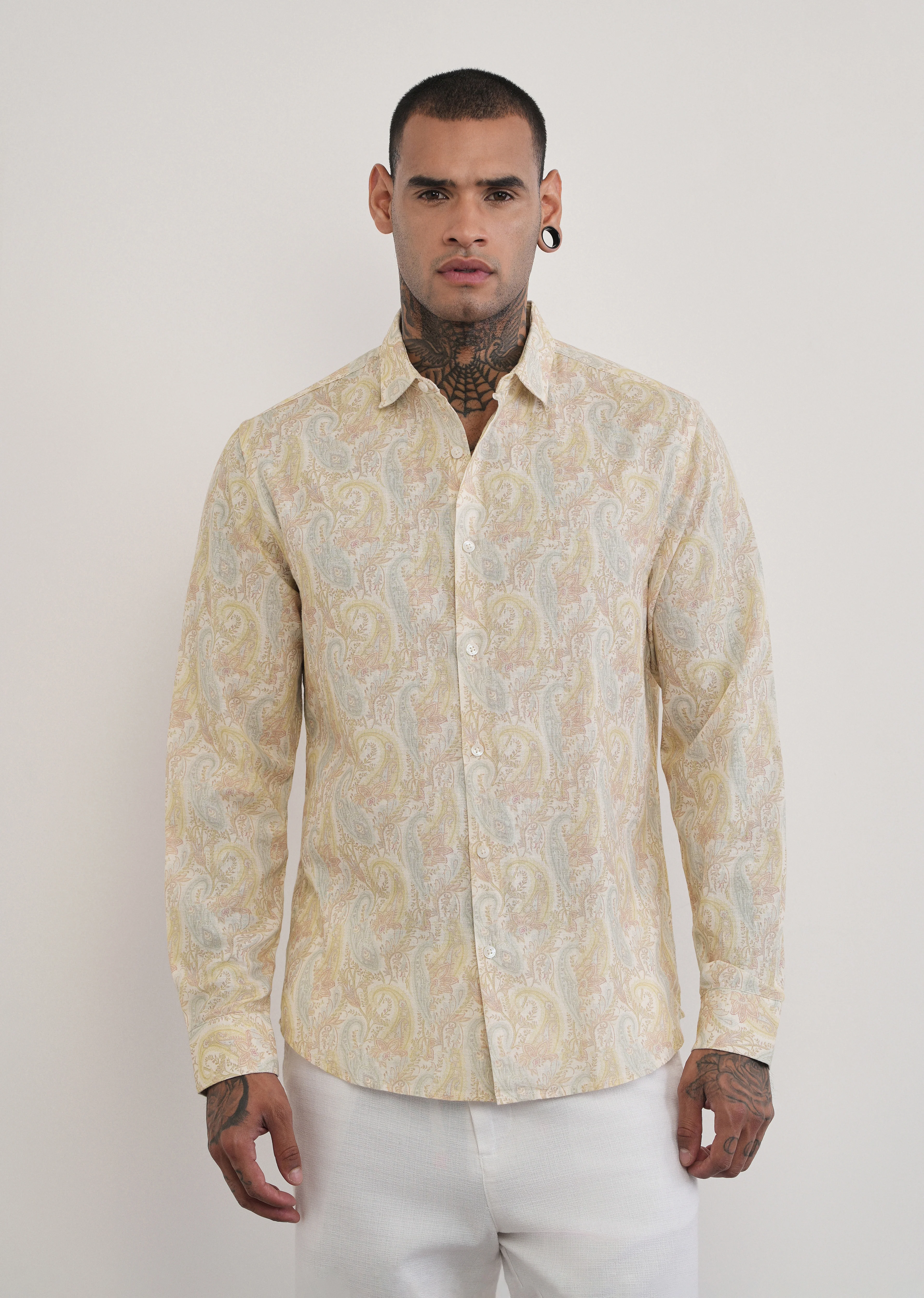 Beige Paisley Print Cotton Linen Shirt - Image 3