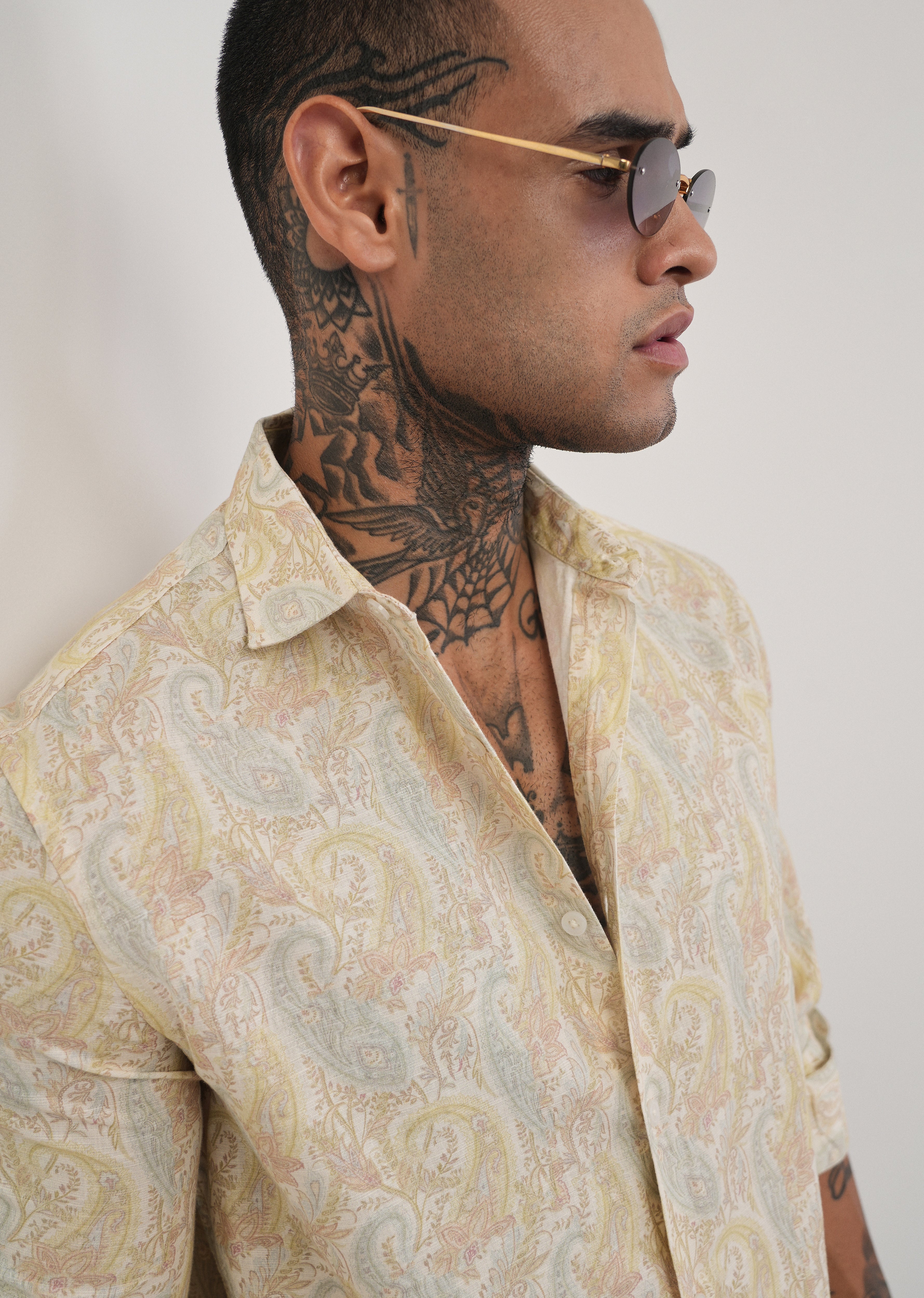 Beige Paisley Print Cotton Linen Shirt - Image 5