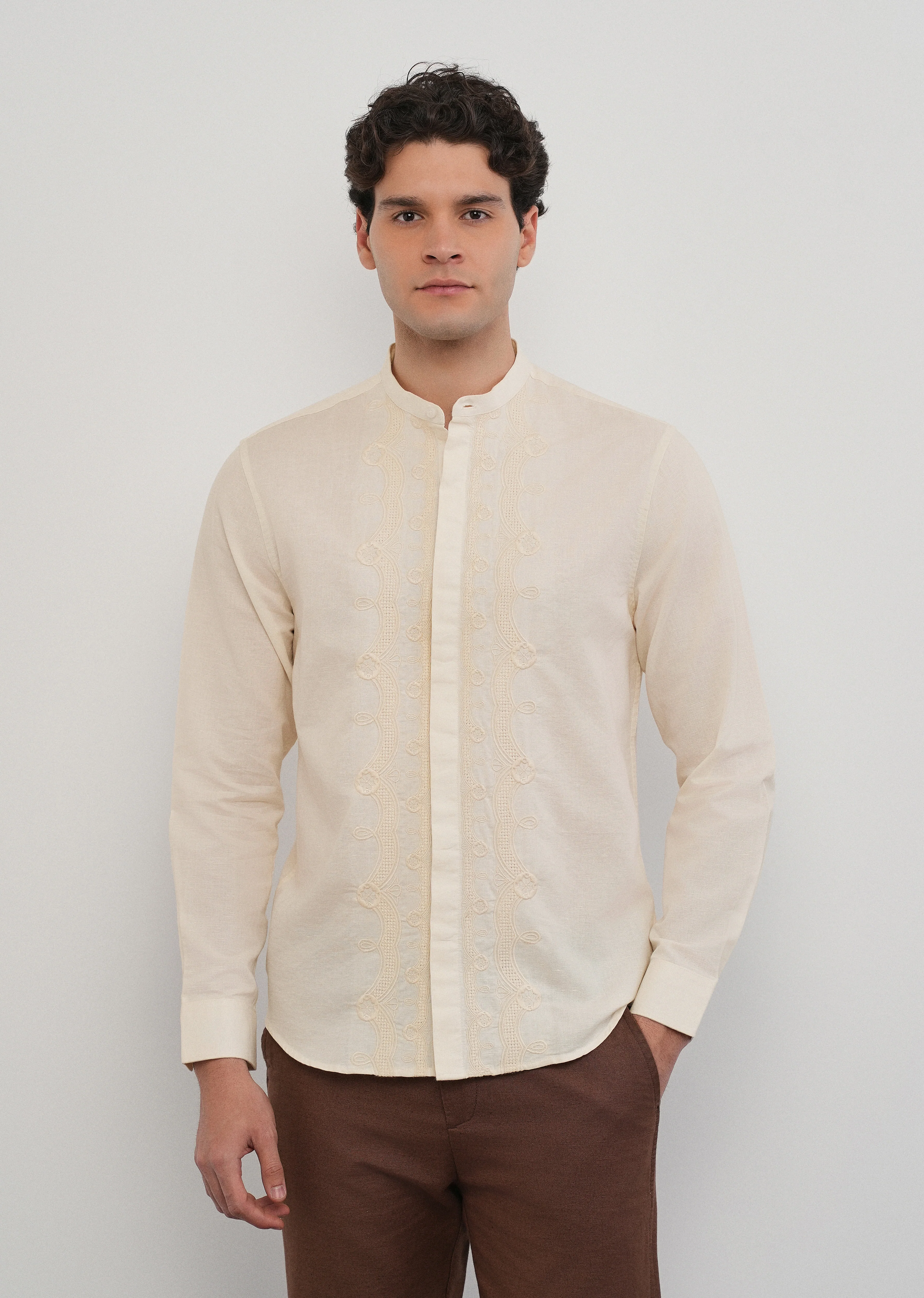 Beige Panel Embroidery Shirt - Image 3