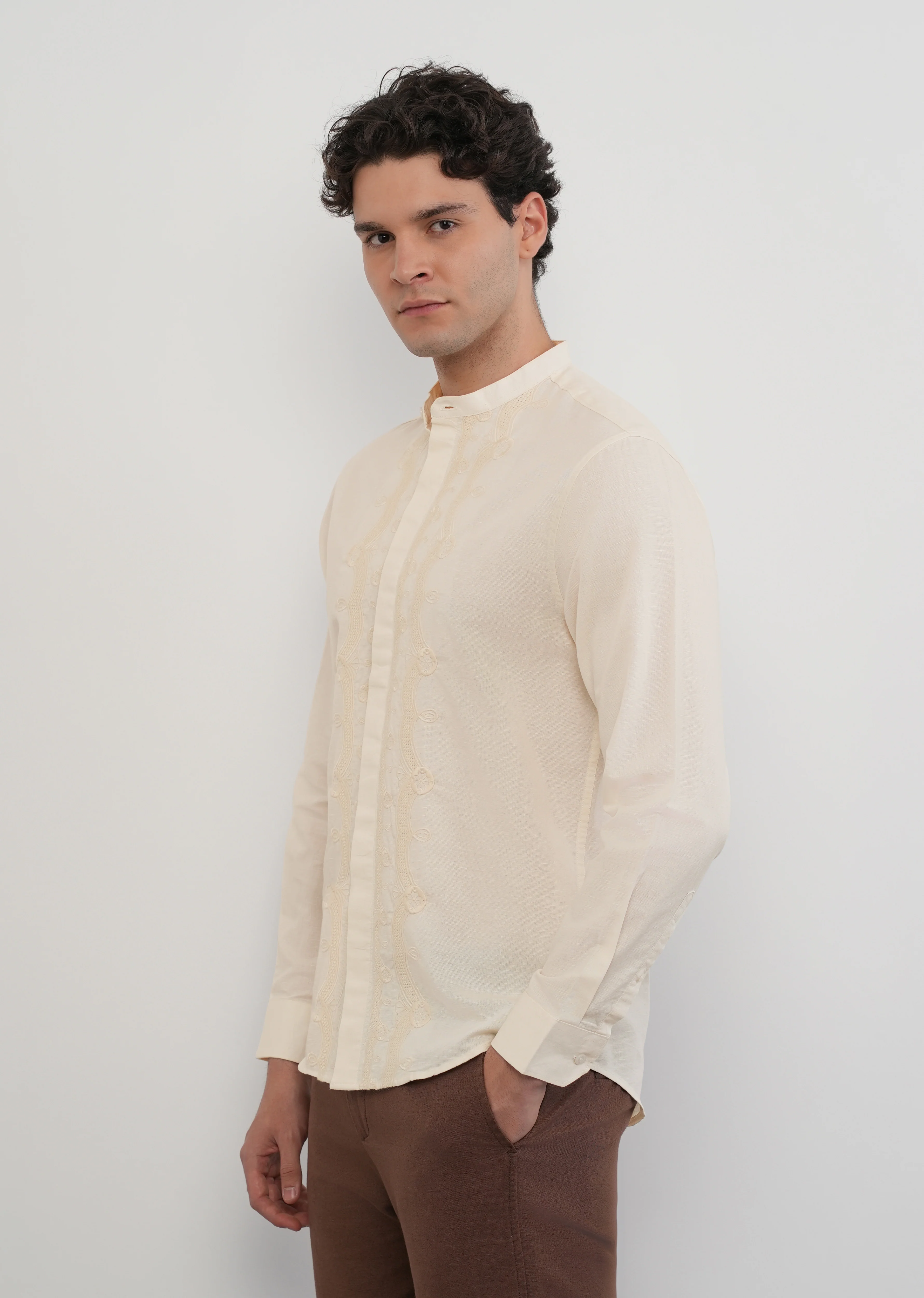 Beige Panel Embroidery Shirt - Image 4