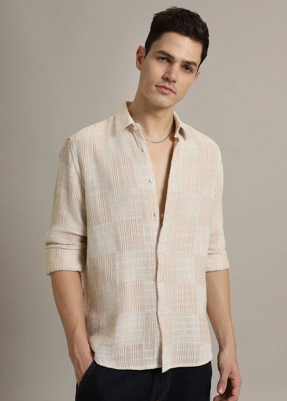 Beige Pin Check Textured Shirt - Image 2