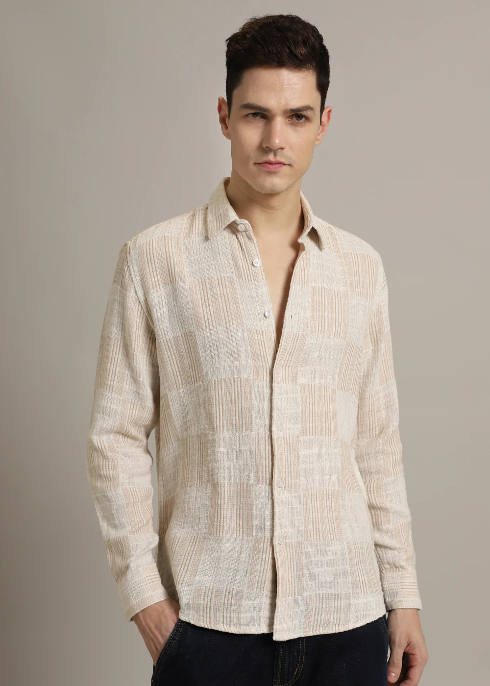 Beige Pin Check Textured Shirt - Image 3