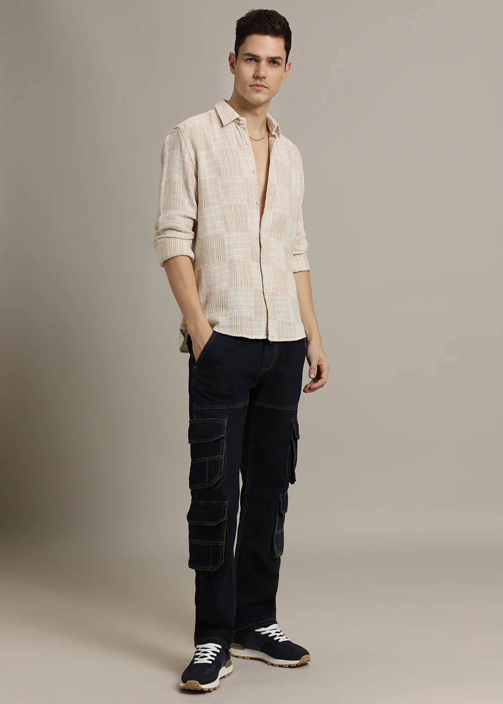 Beige Pin Check Textured Shirt - Image 4