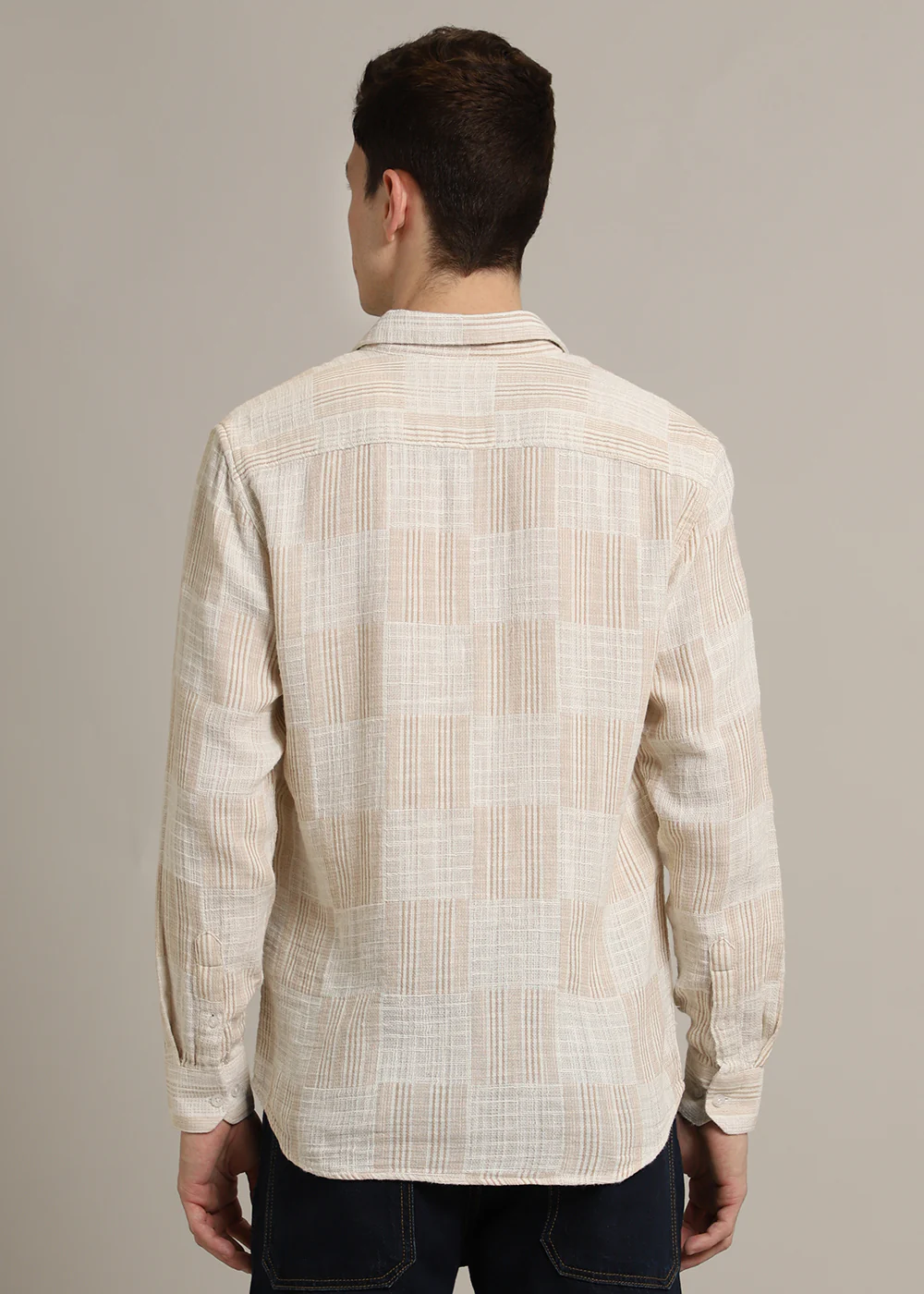 Beige Pin Check Textured Shirt - Image 5