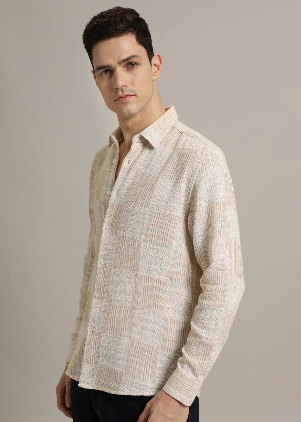 Beige Pin Check Textured Shirt - Image 6