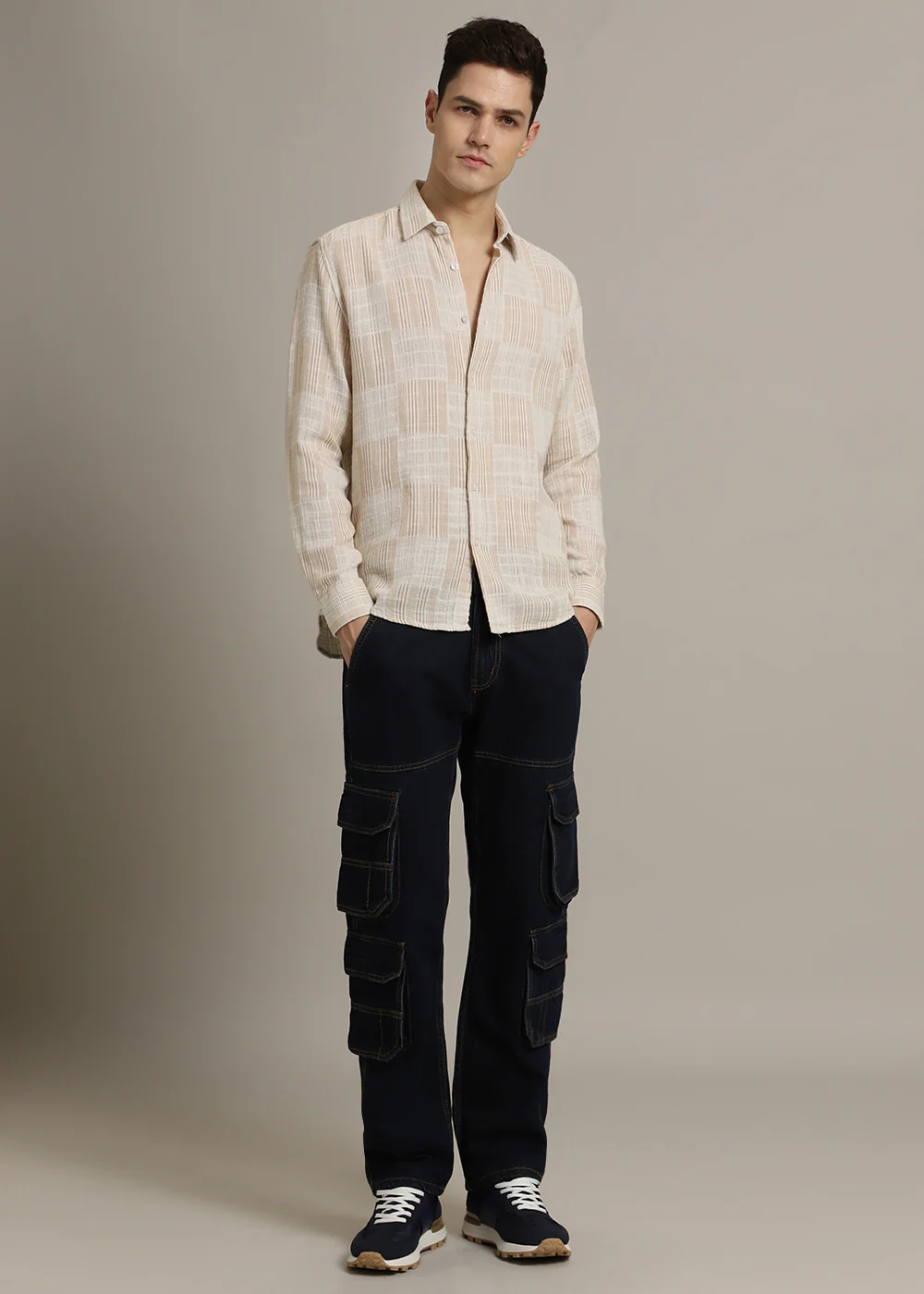 Beige Pin Check Textured Shirt - Image 7