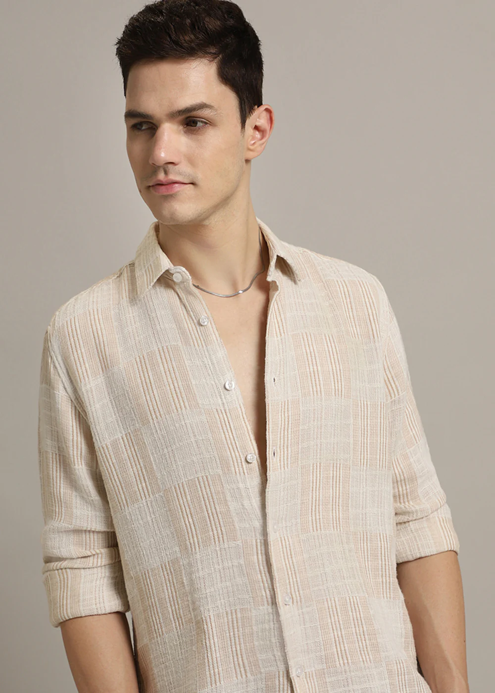 Beige Pin Check Textured Shirt - Image 8