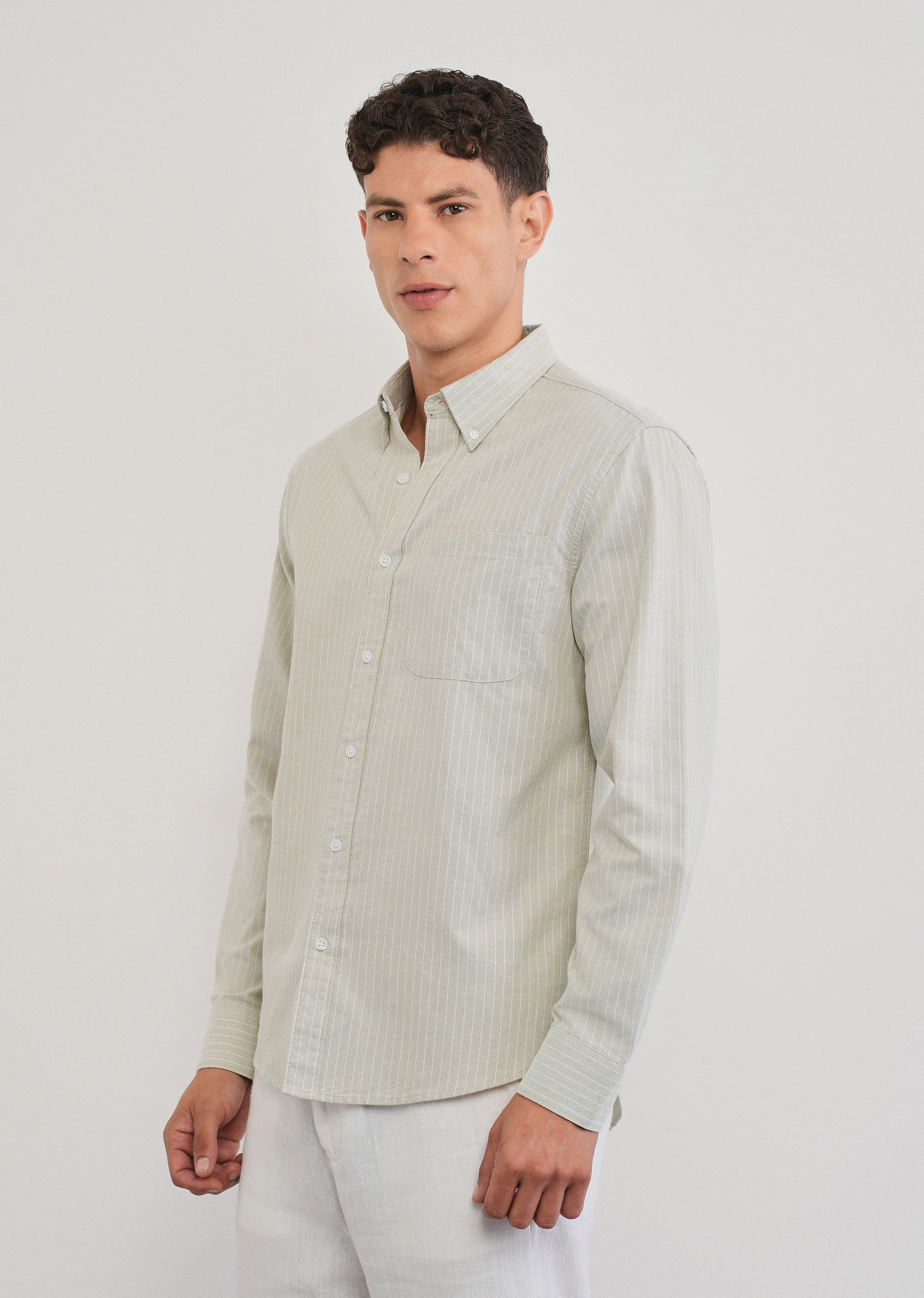 Beige Pinstripe Cotton Shirt - Image 4