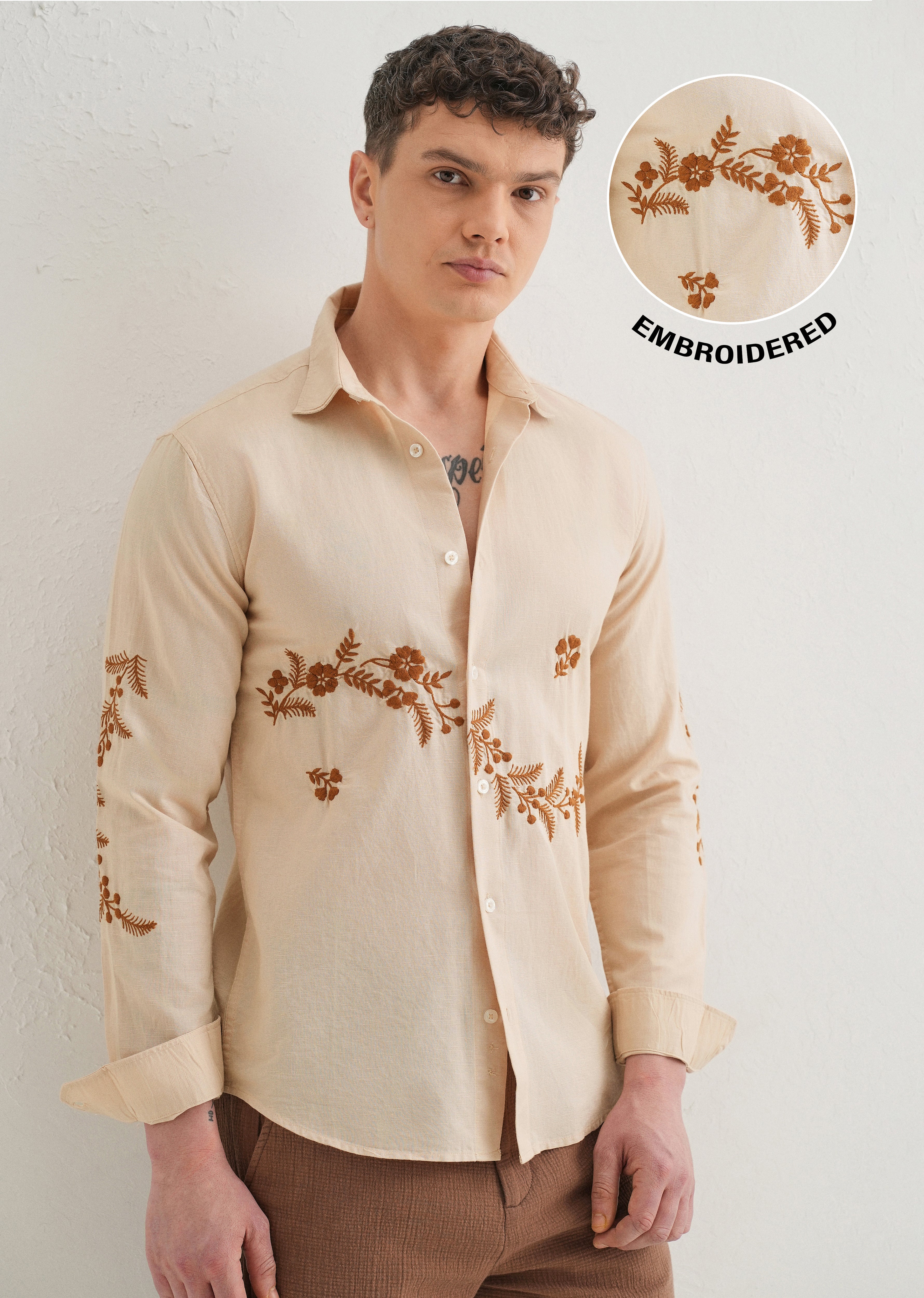 Beige Placement Embroidery Shirt - Image 8