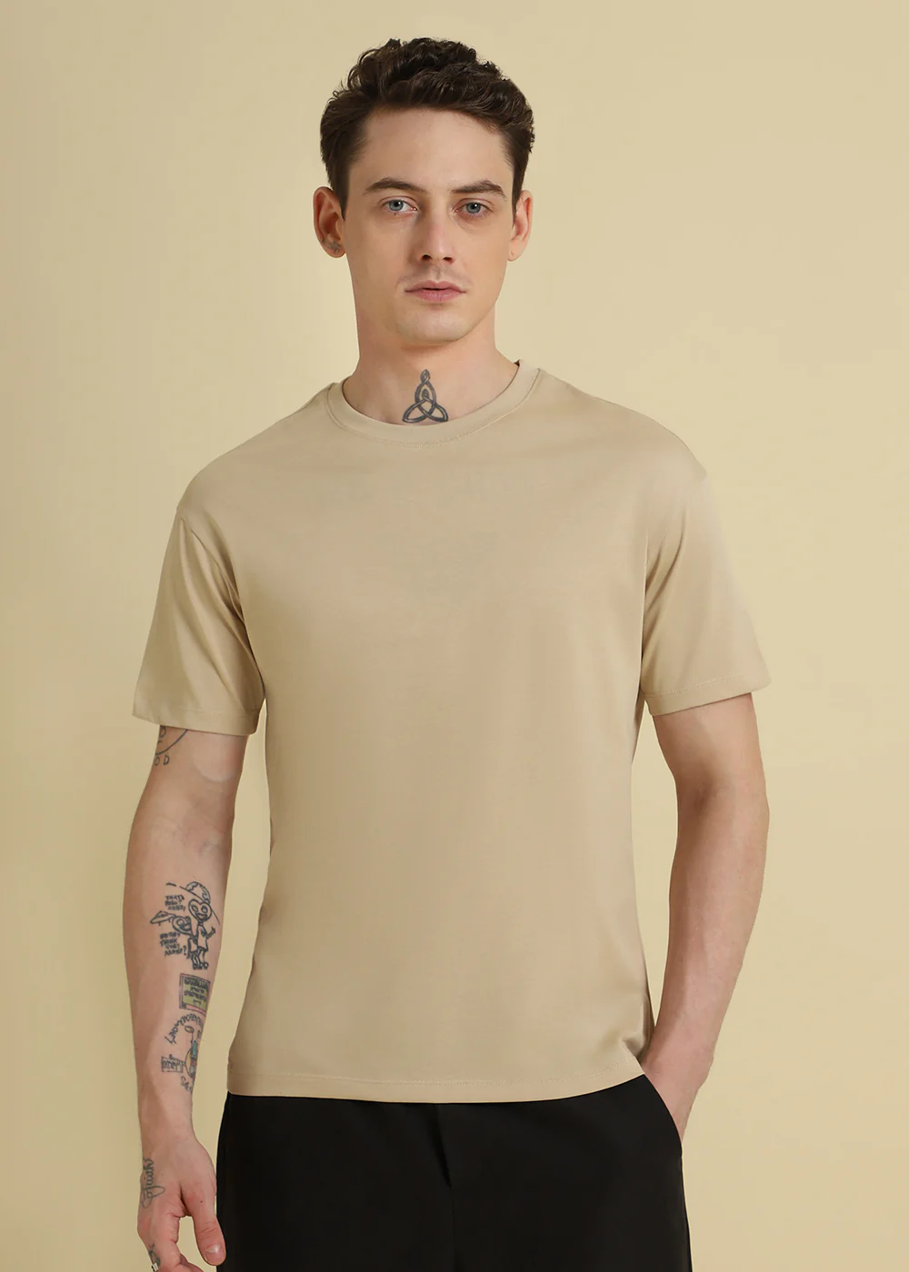 Beige Plain Basic Regular Fit T-shirt - Image 3