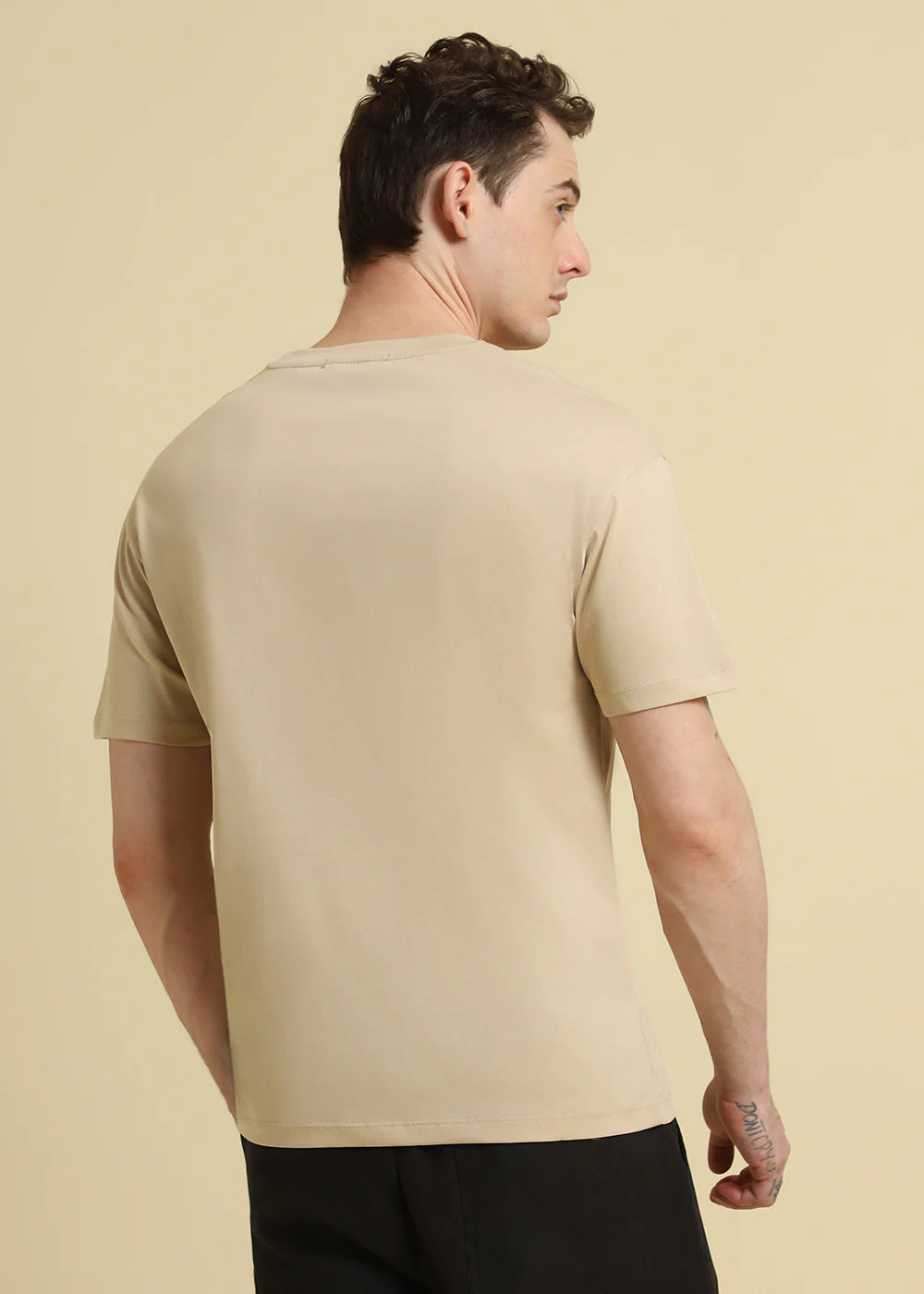 Beige Plain Basic Regular Fit T-shirt - Image 4
