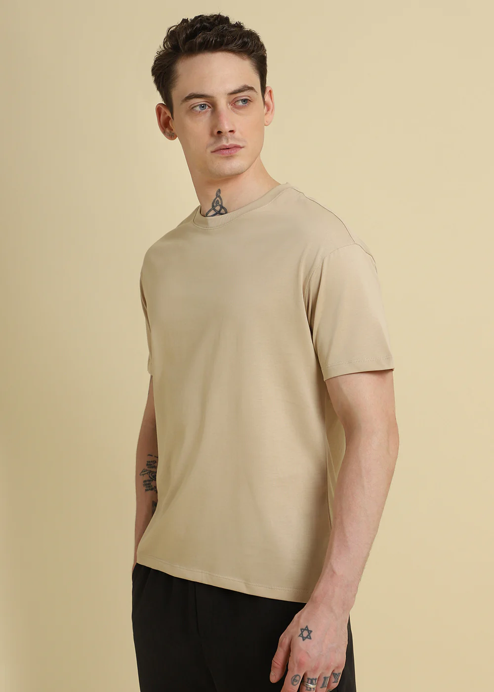 Beige Plain Basic Regular Fit T-shirt - Image 5