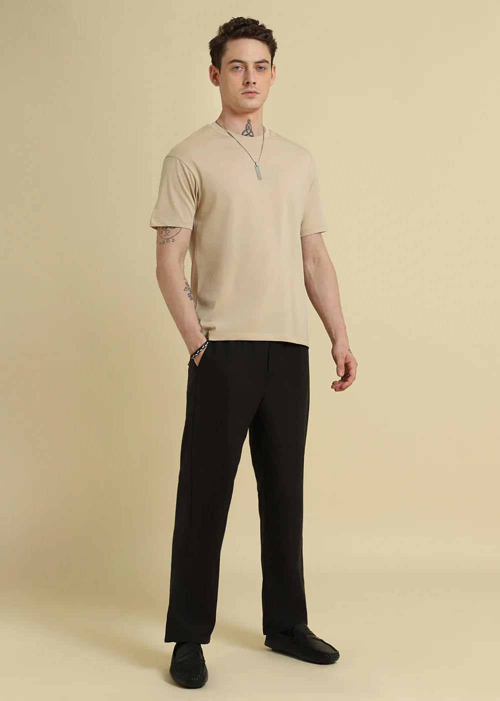 Beige Plain Basic Regular Fit T-shirt - Image 6