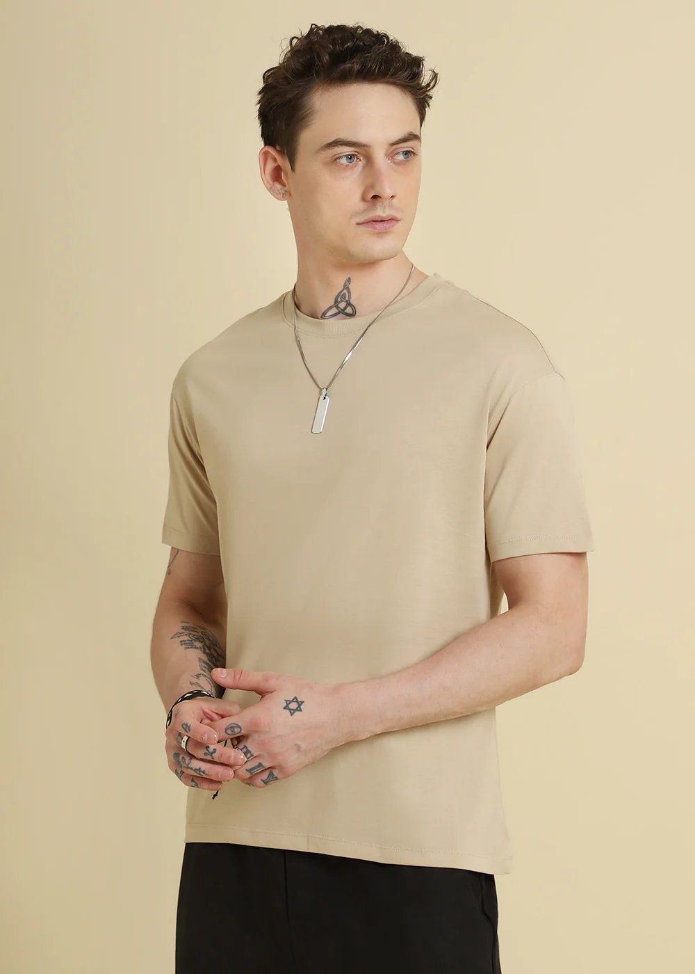 Beige Plain Basic Regular Fit T-shirt - Image 7
