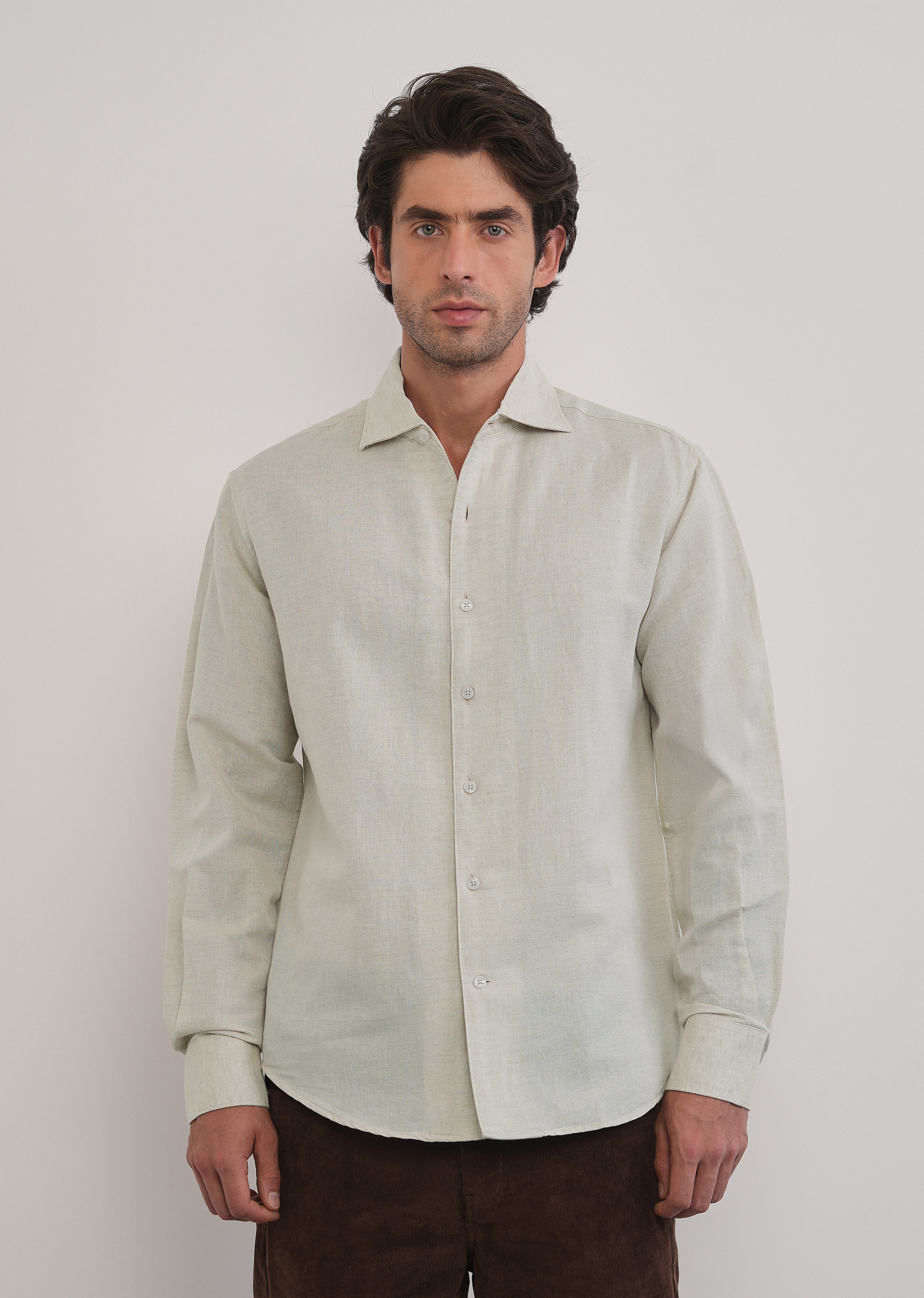 Beige Plain Cotton Linen Shirt - Image 3