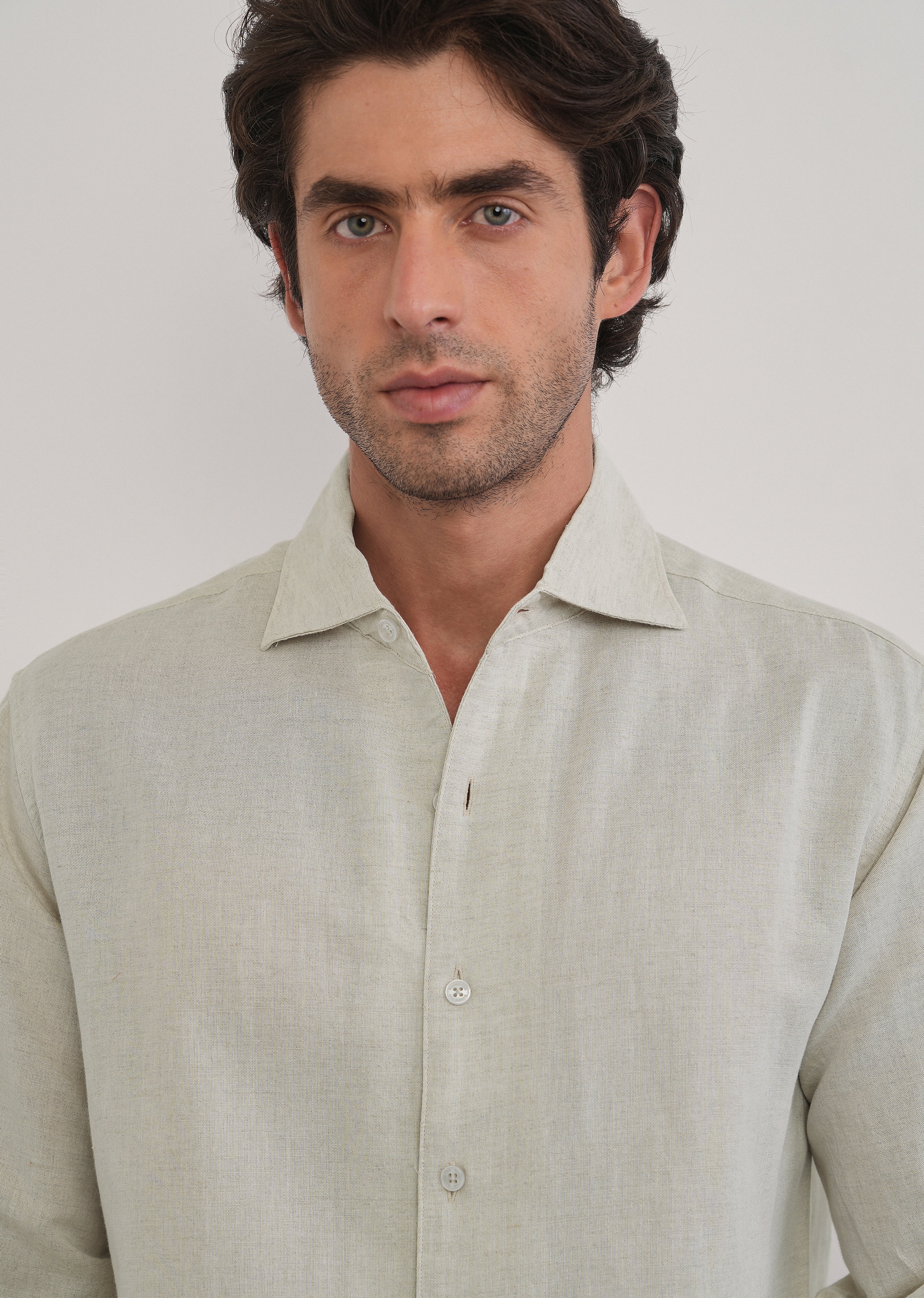 Beige Plain Cotton Linen Shirt - Image 5