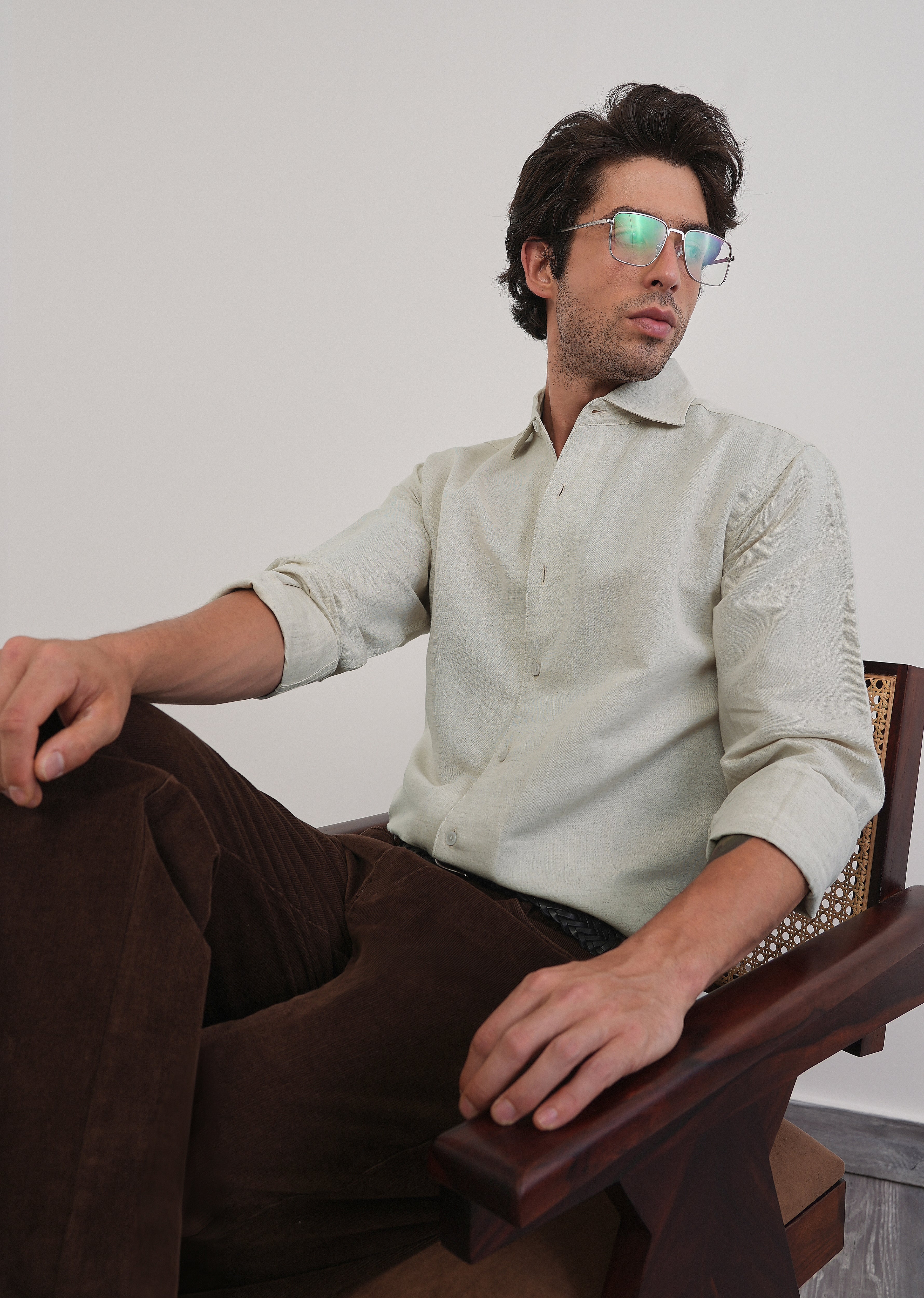Beige Plain Cotton Linen Shirt - Image 7