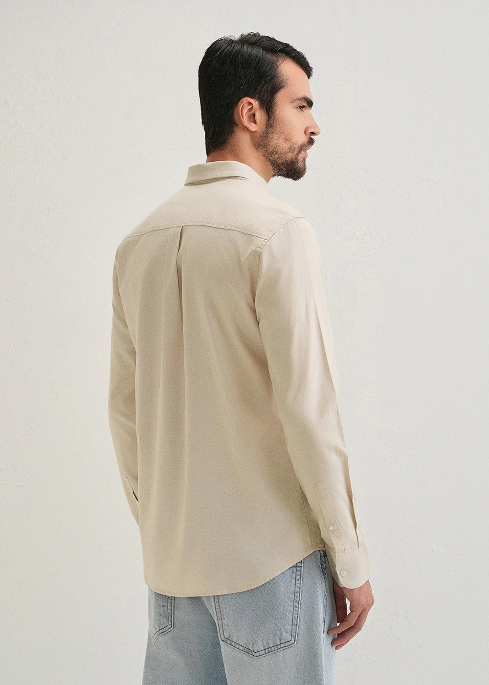 Beige Plain Cotton Oxford Shirt - Image 2