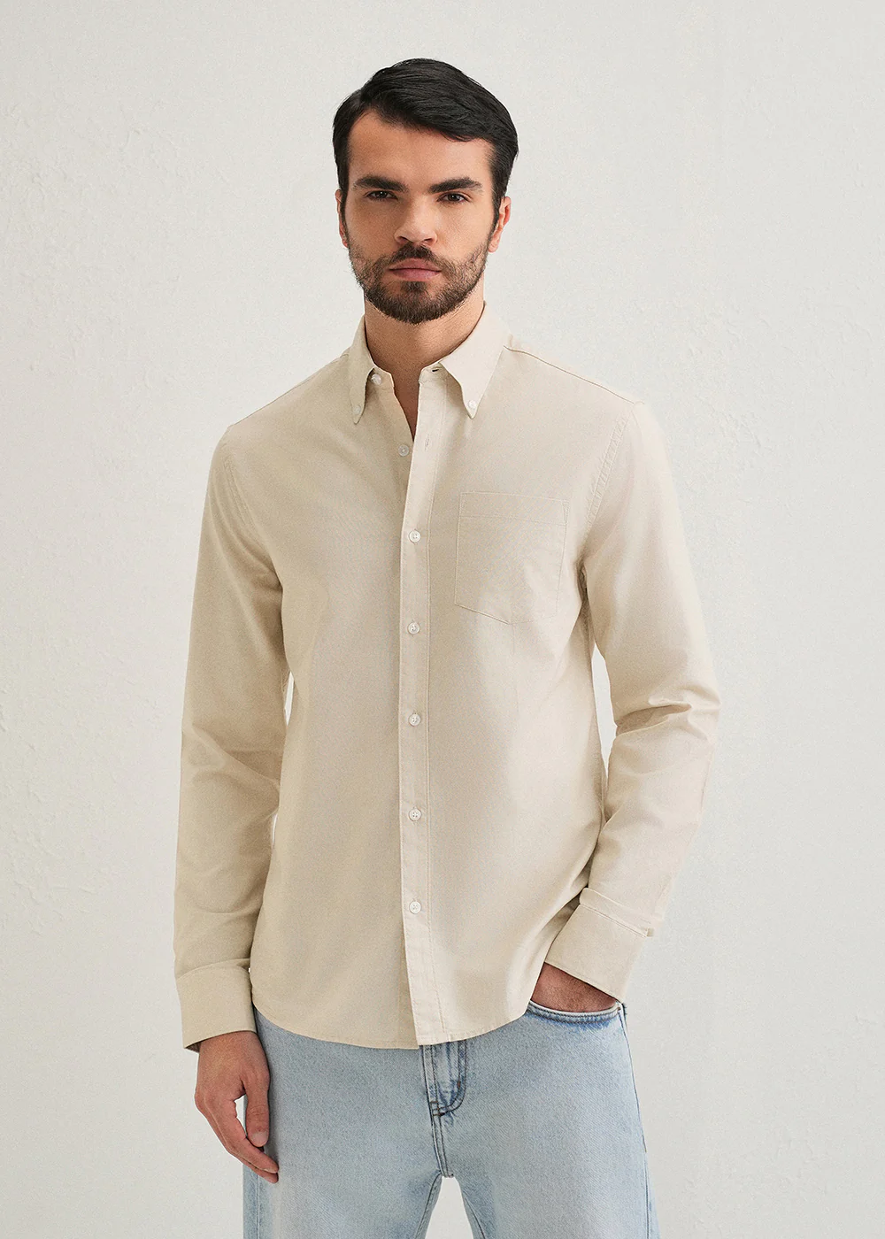 Beige Plain Cotton Oxford Shirt - Image 3