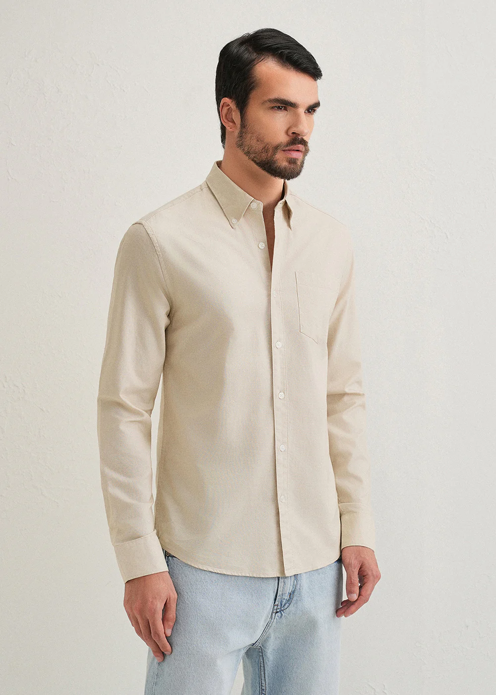 Beige Plain Cotton Oxford Shirt - Image 4