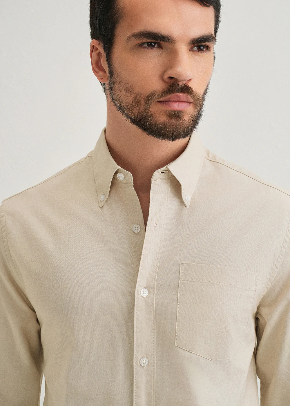 Beige Plain Cotton Oxford Shirt - Image 5