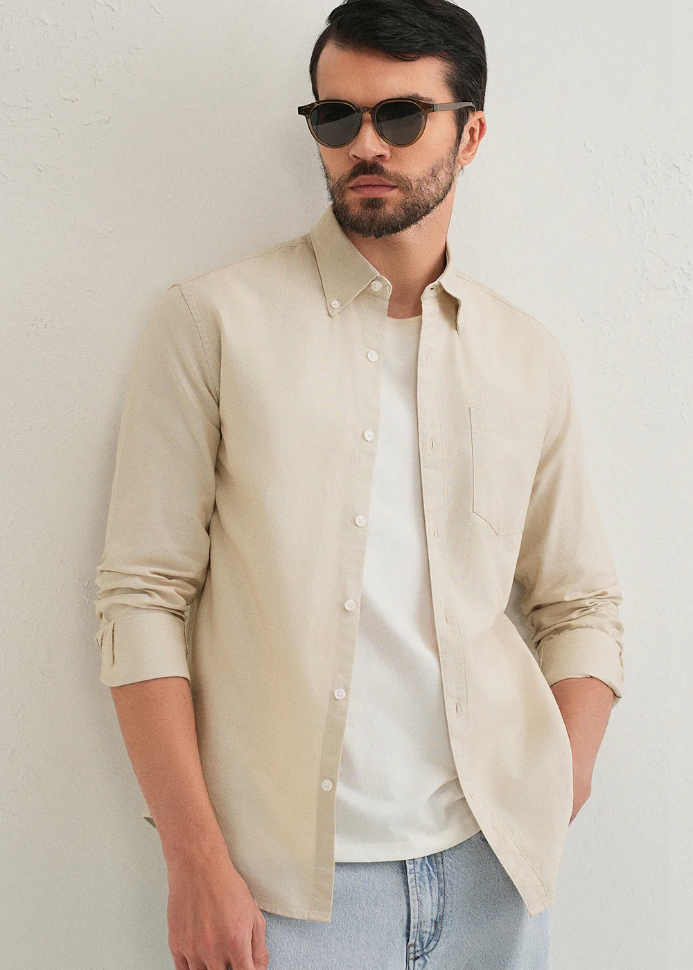 Beige Plain Cotton Oxford Shirt - Image 7