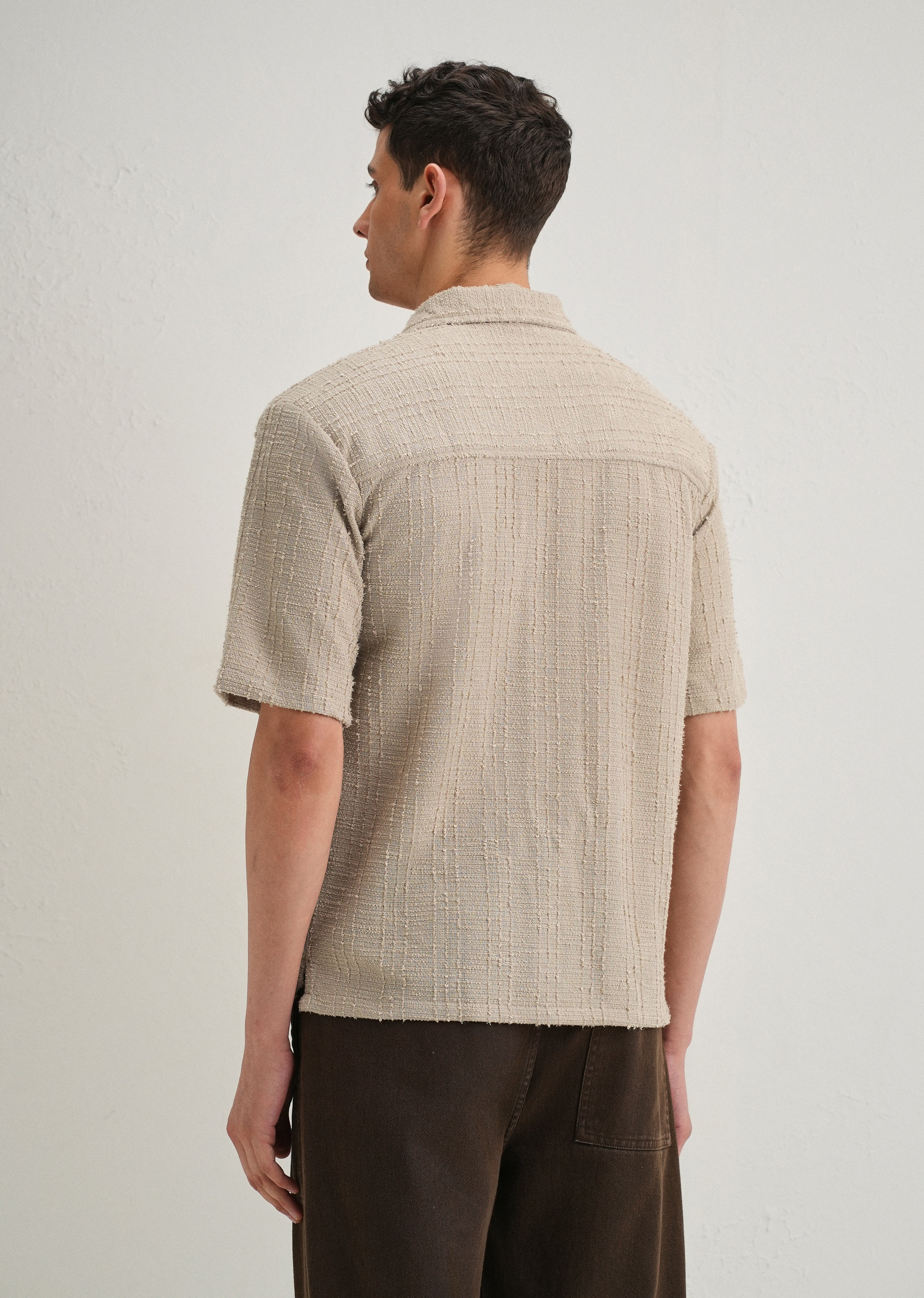 Beige Plain Cuban Collar Knitted Shirt - Image 2