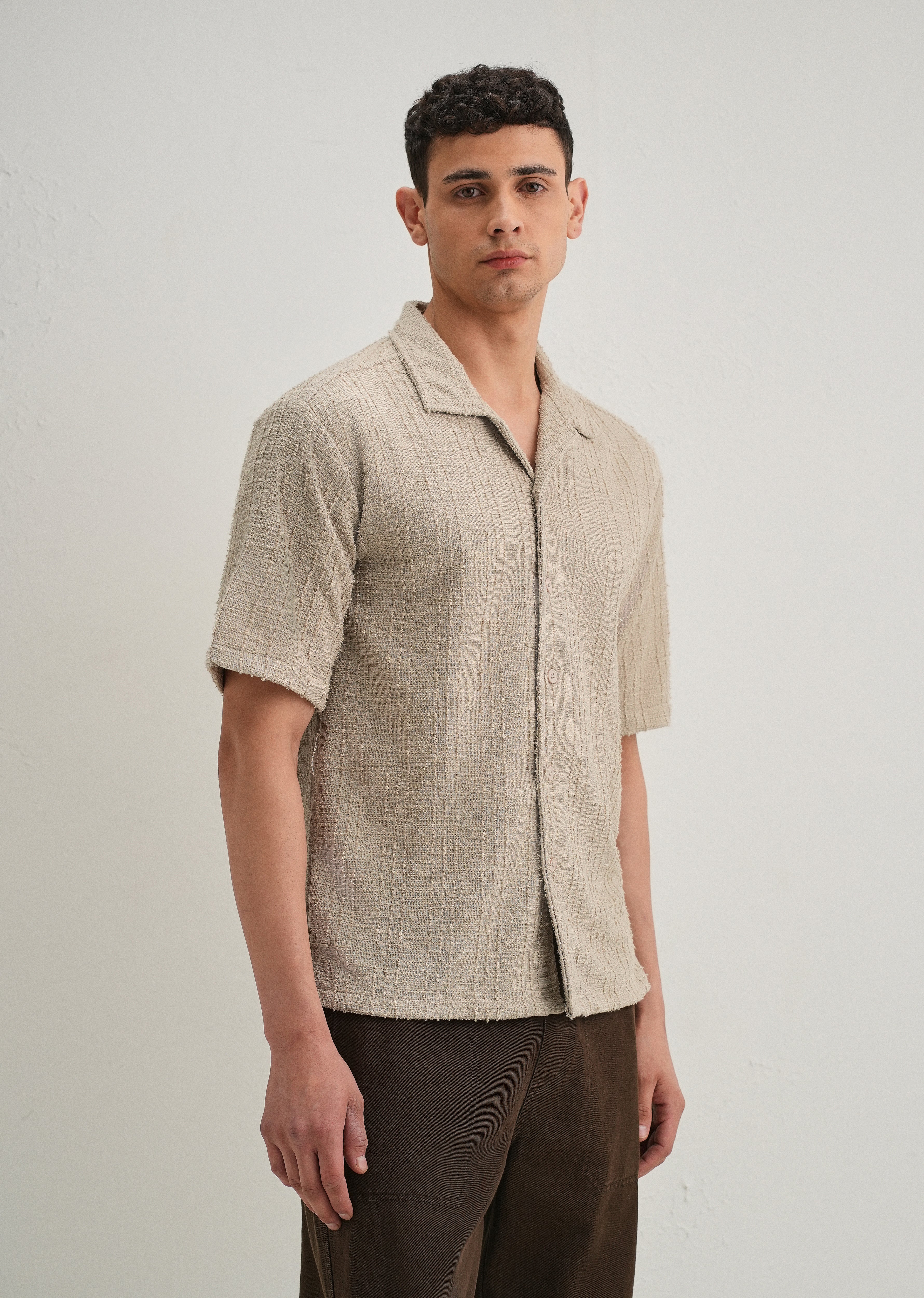 Beige Plain Cuban Collar Knitted Shirt - Image 4
