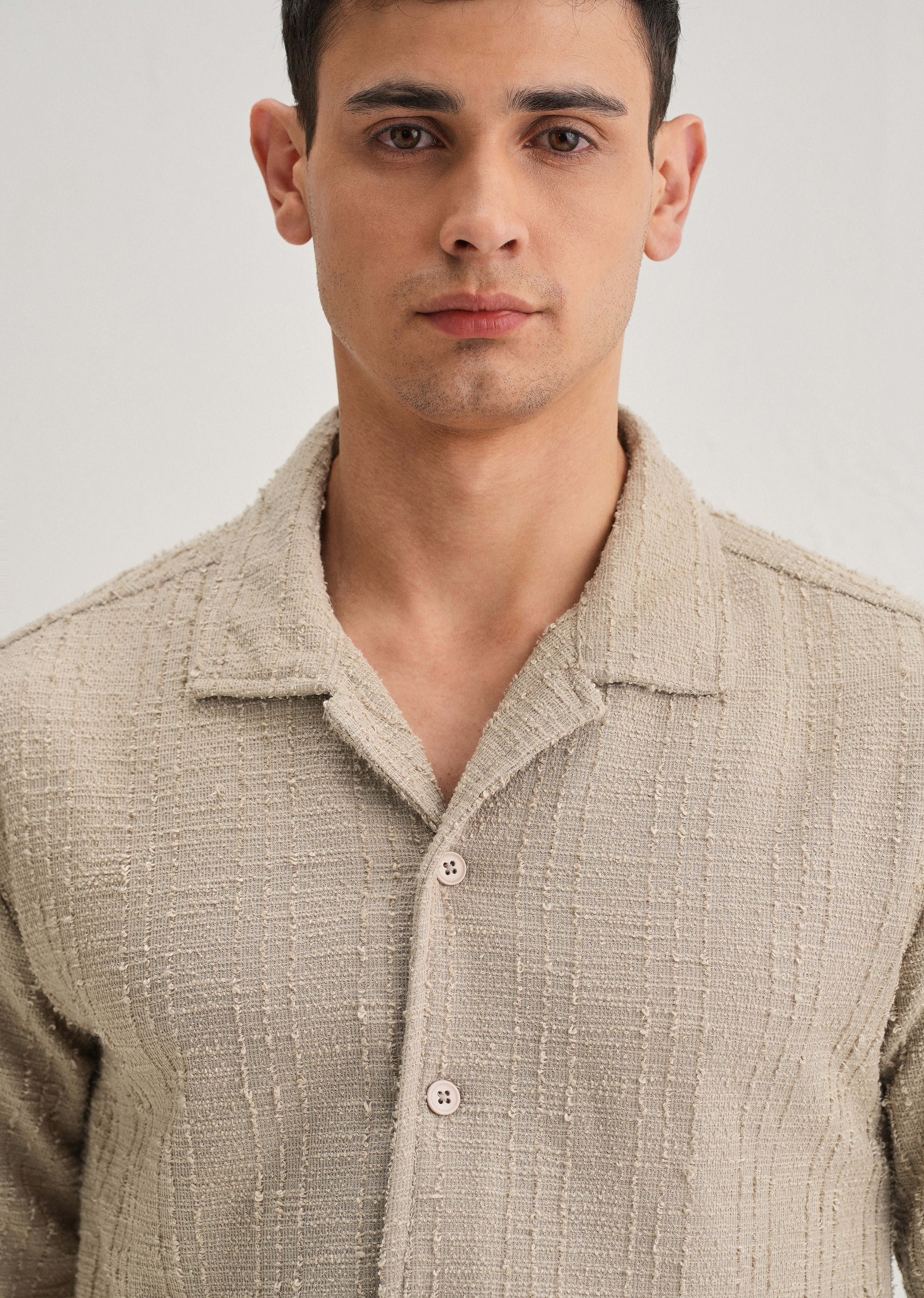 Beige Plain Cuban Collar Knitted Shirt - Image 5