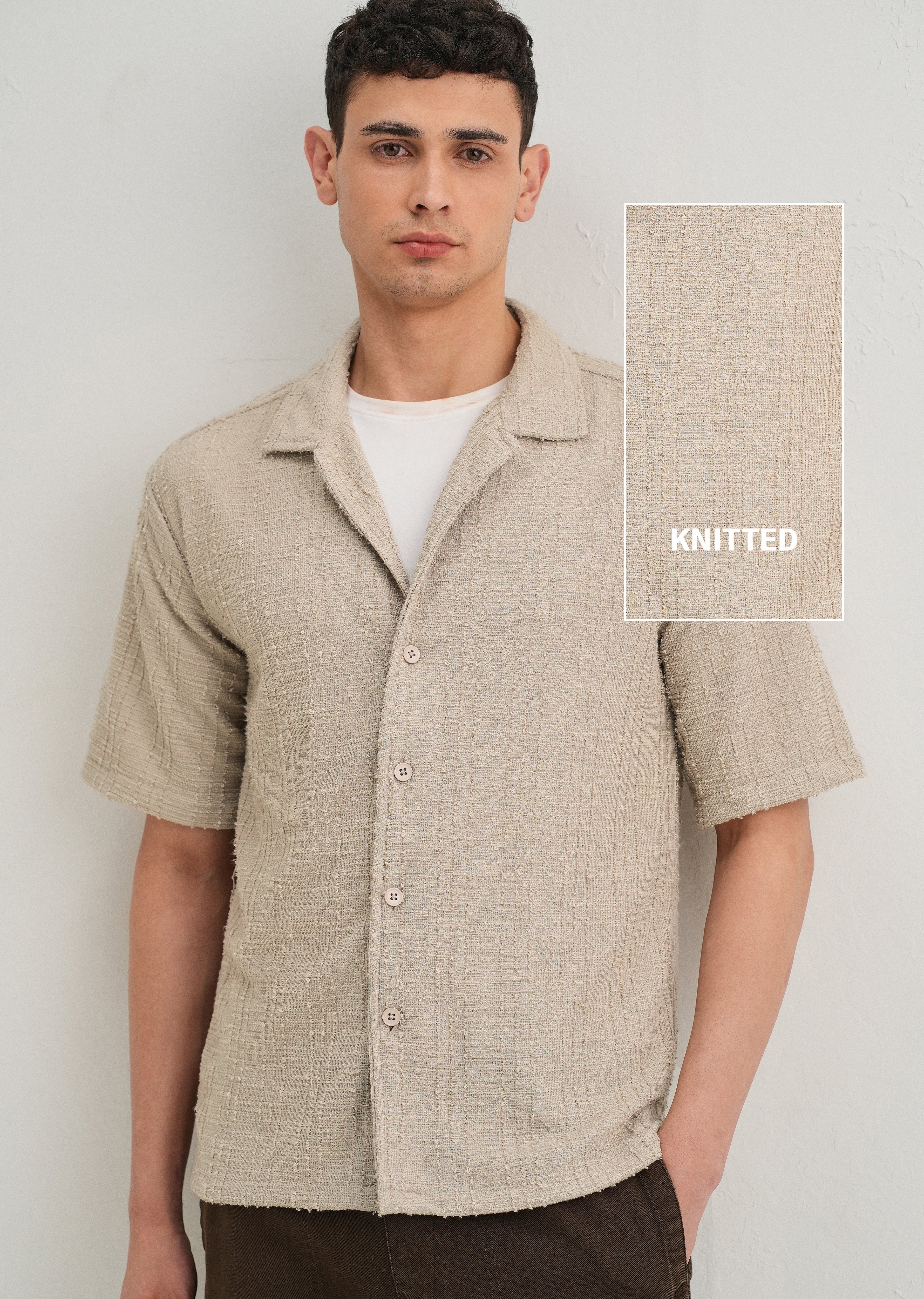Beige Plain Cuban Collar Knitted Shirt - Image 7