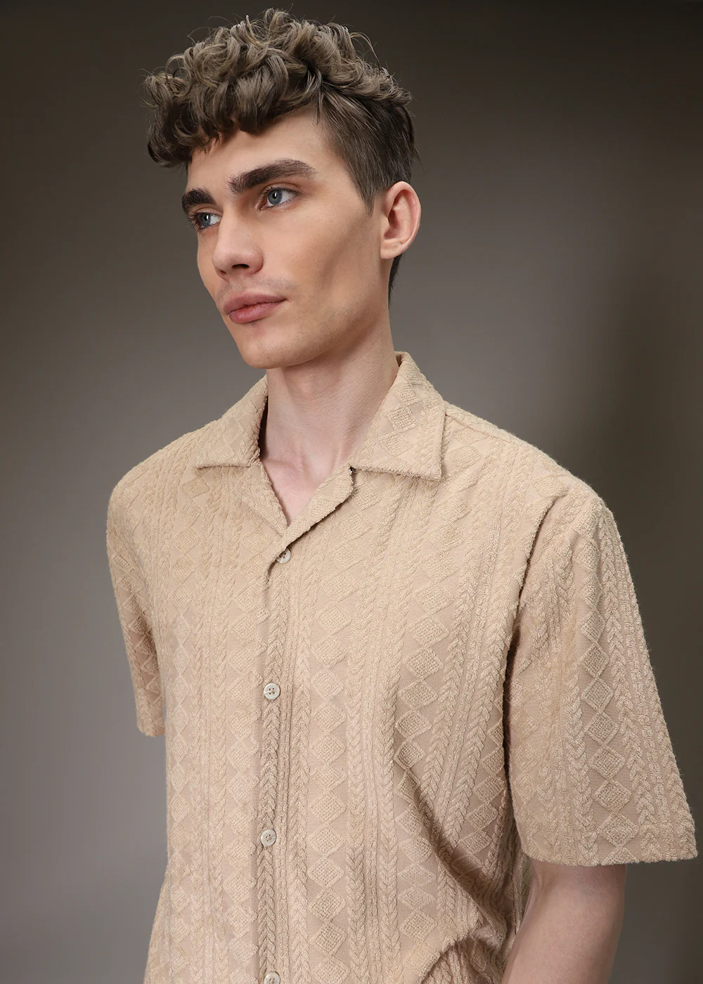 Beige Plain Jacquard Knitted Shirt - Image 2
