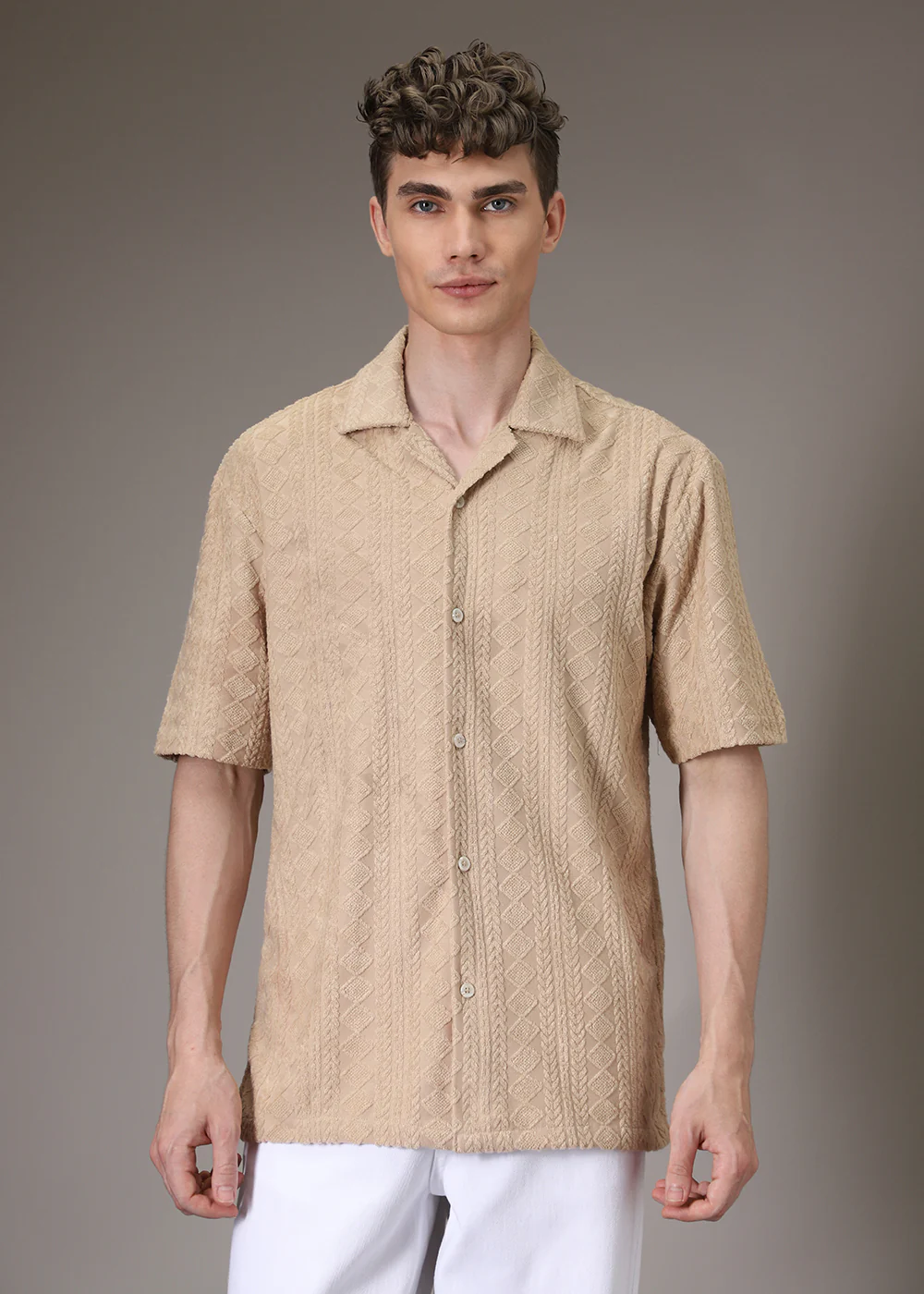 Beige Plain Jacquard Knitted Shirt - Image 3