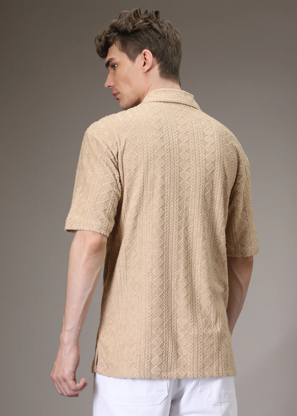 Beige Plain Jacquard Knitted Shirt - Image 4