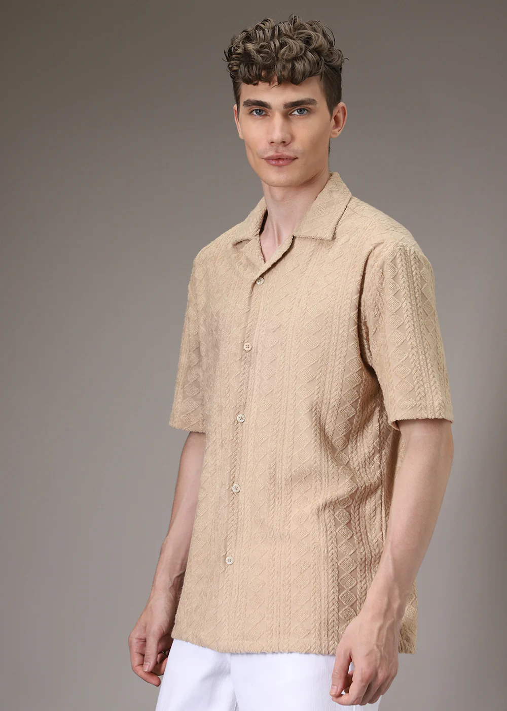 Beige Plain Jacquard Knitted Shirt - Image 5