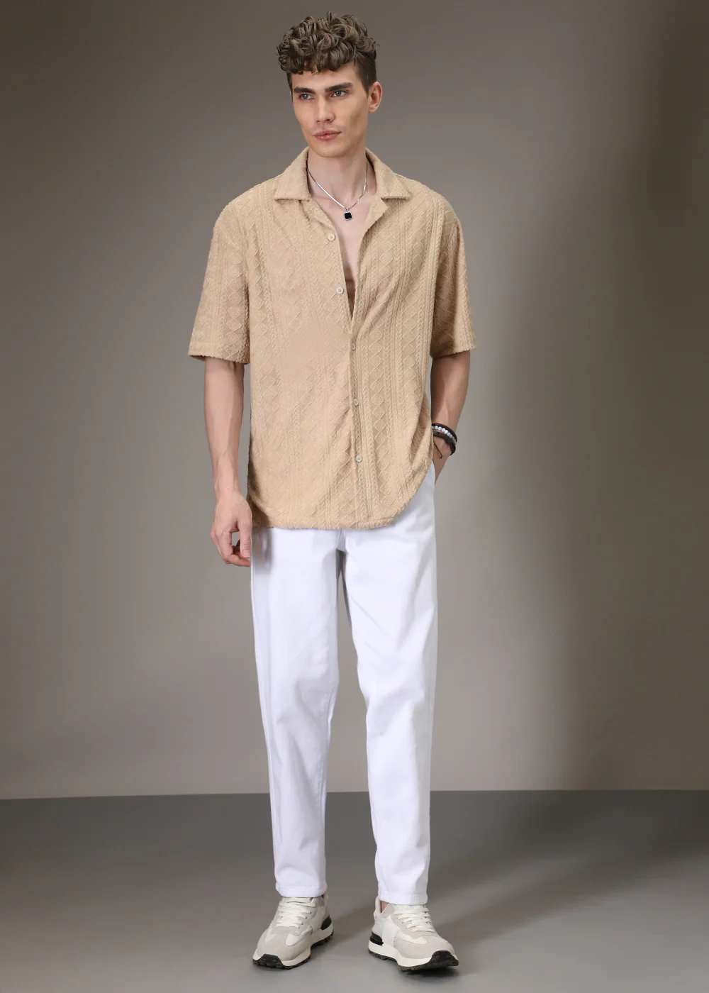 Beige Plain Jacquard Knitted Shirt - Image 6