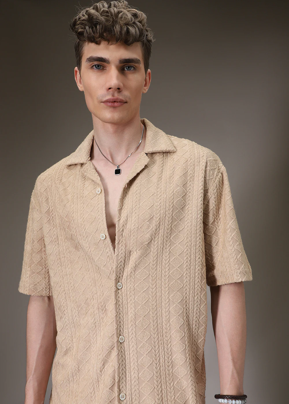 Beige Plain Jacquard Knitted Shirt - Image 7