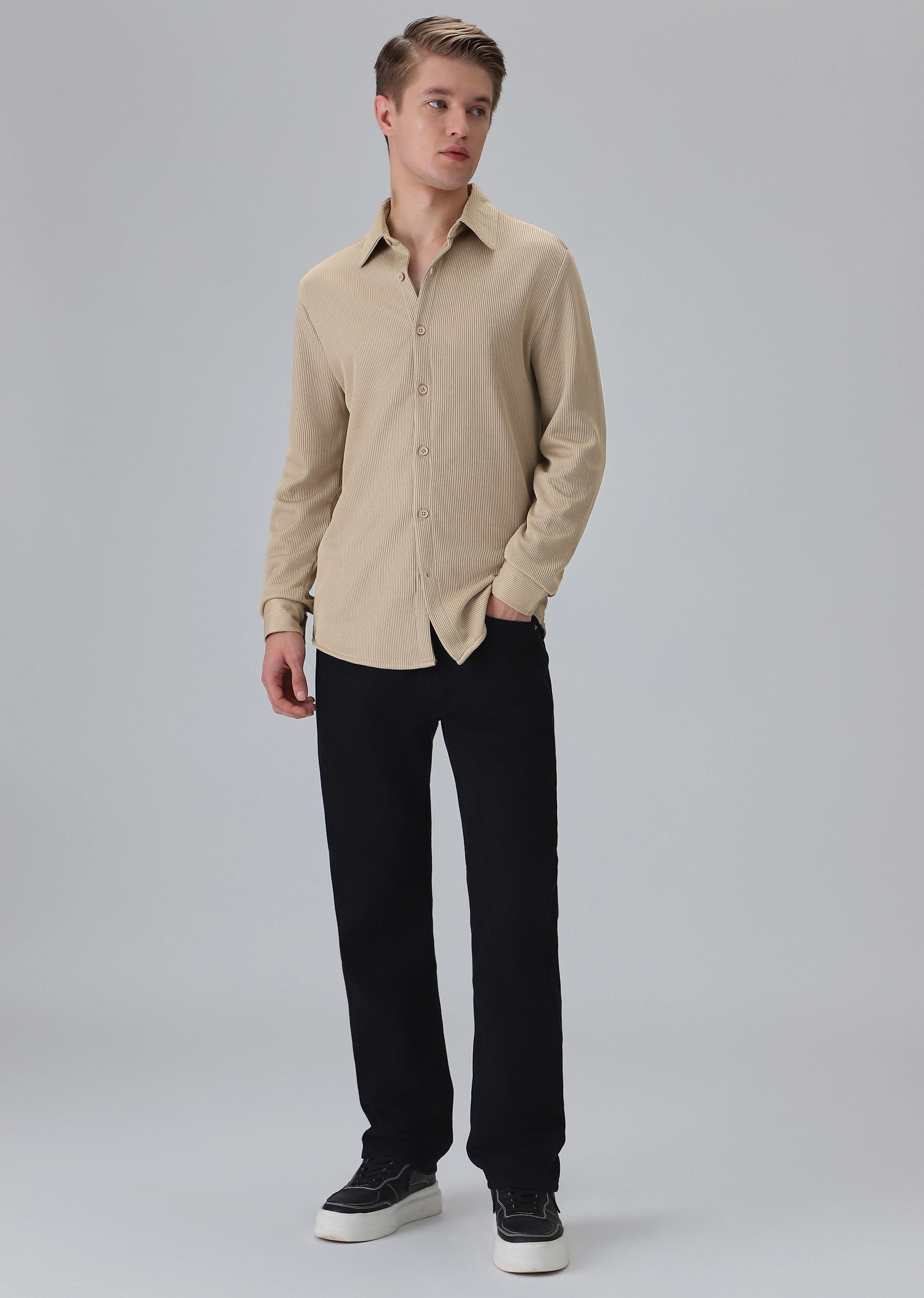 Beige Plain Knitted Shirt - Image 6